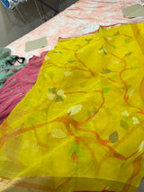 Kora muslin Jamdani overall saree with maggam blouse in yellow
