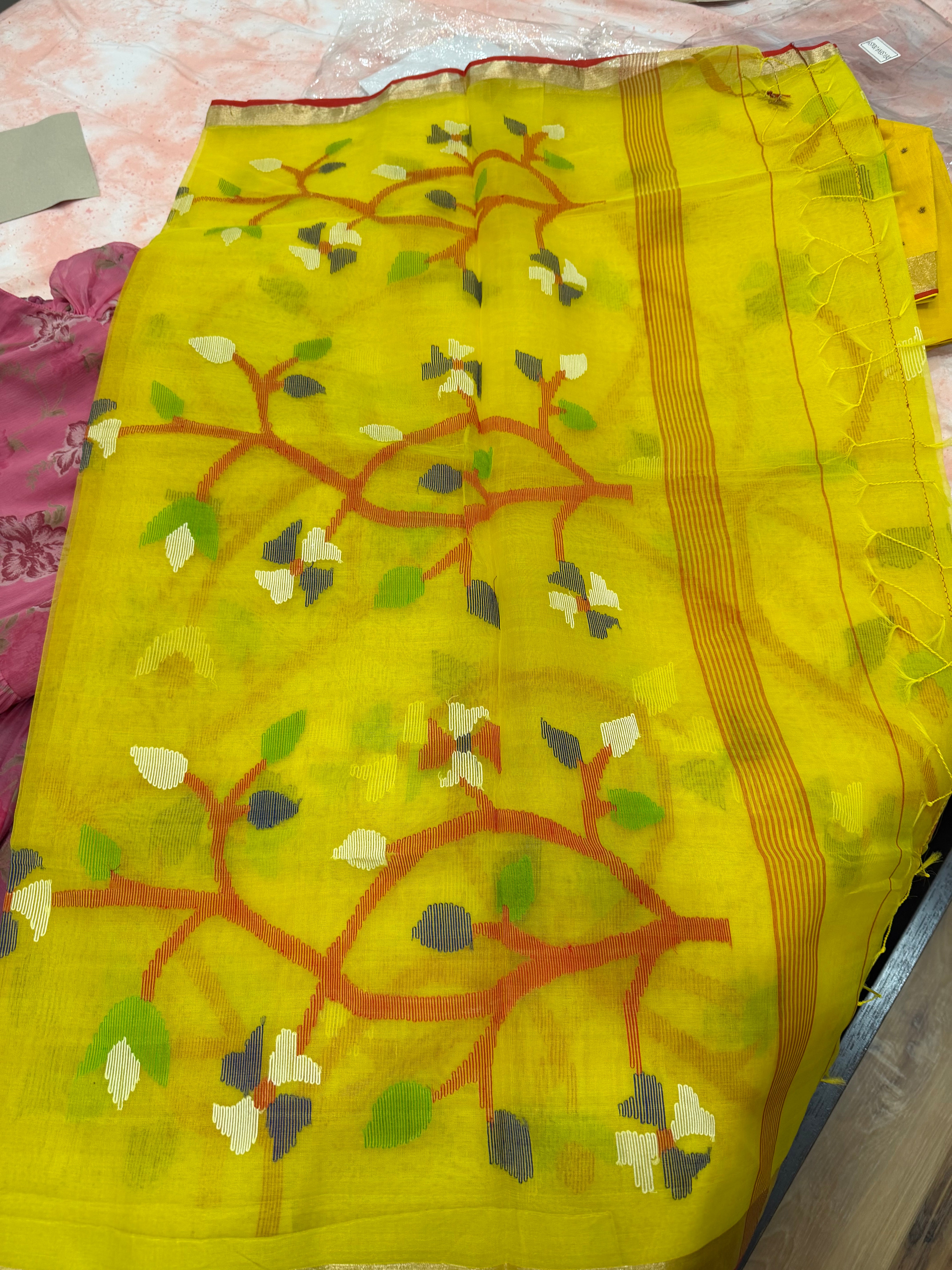 Kora muslin Jamdani overall saree with maggam blouse in yellow
