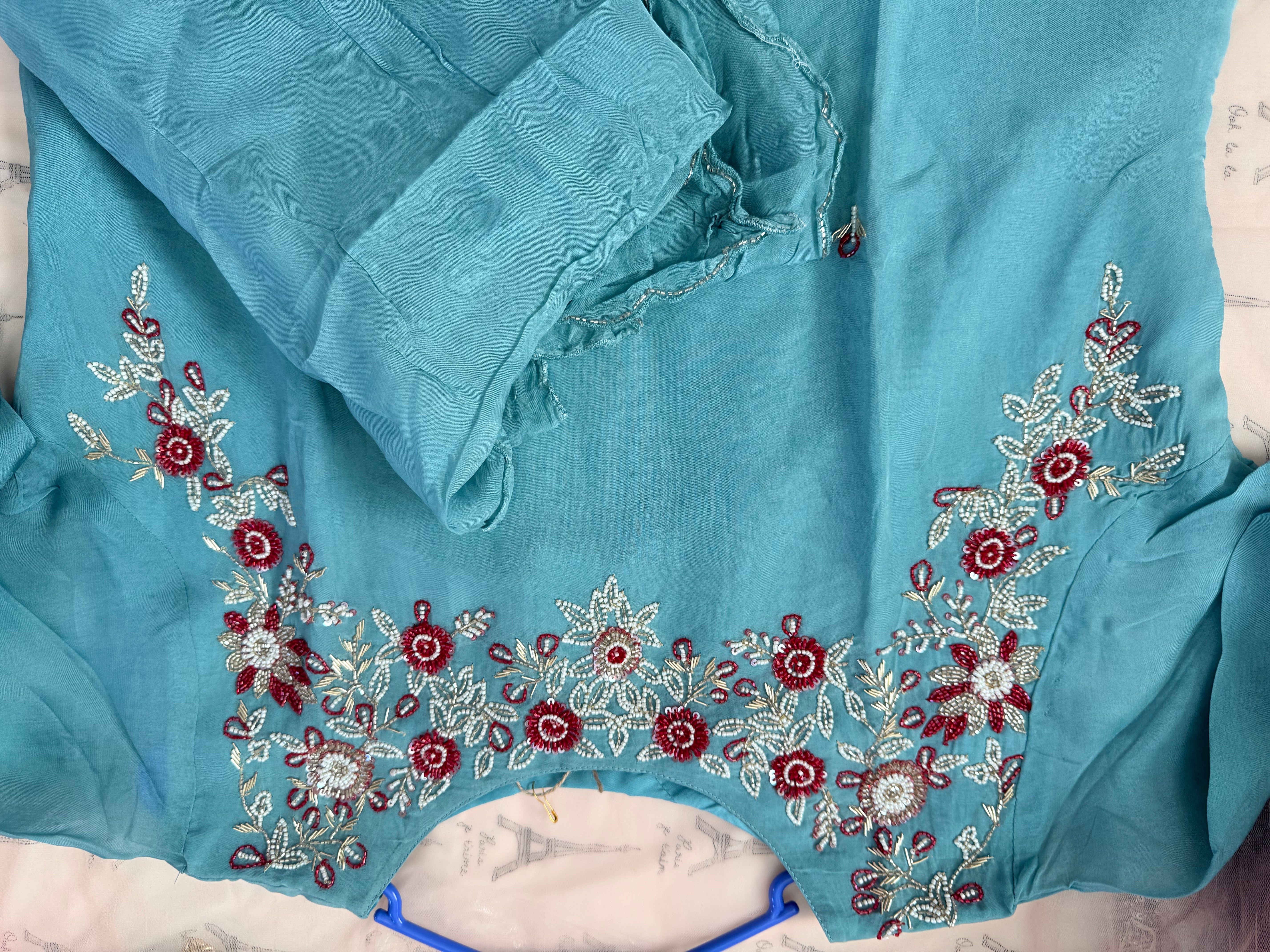 XXL- Powder blue organza kurti set with heavy work on yoke part paired