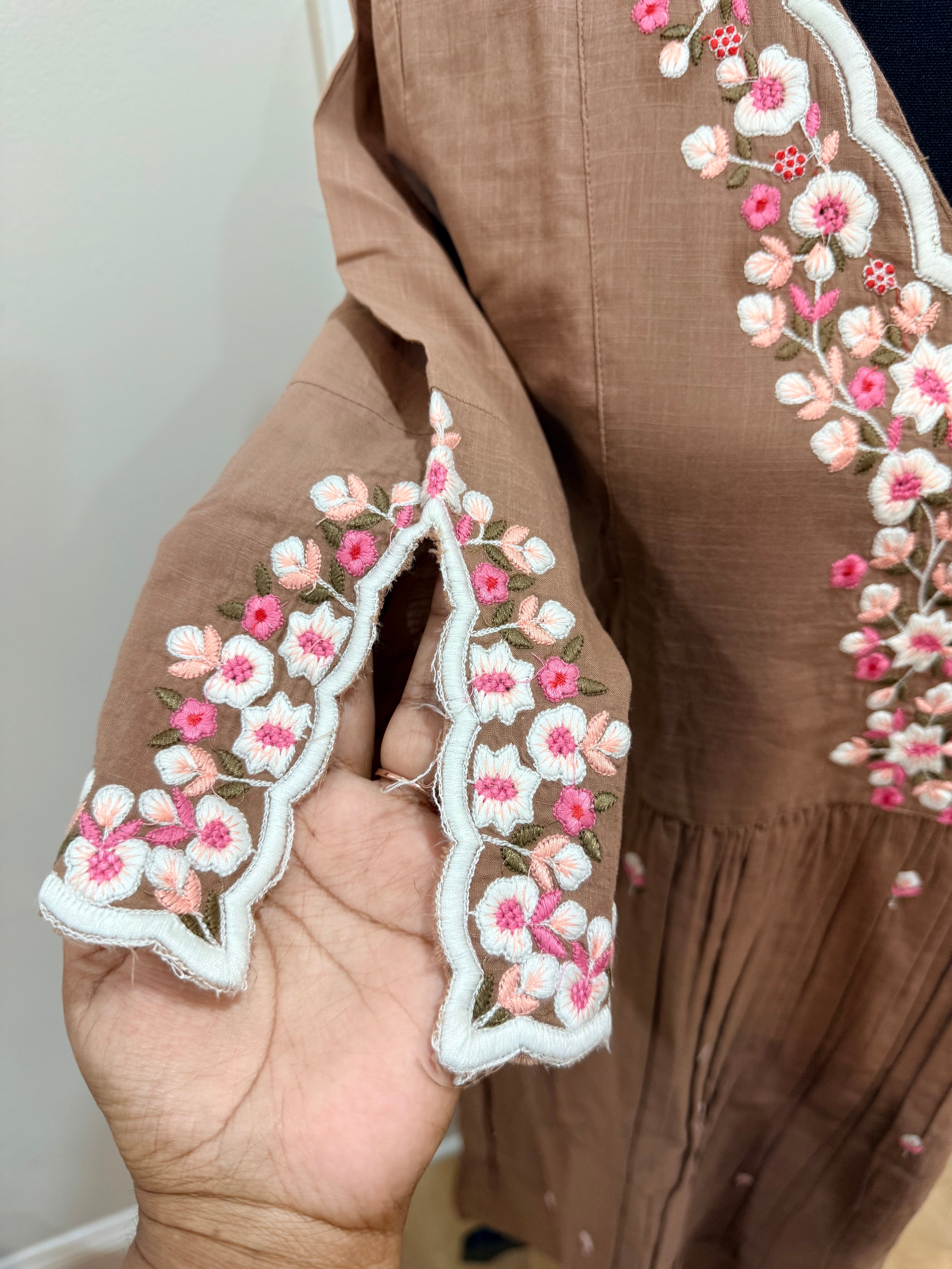 Brown Floral thread work co ord set with V neck
