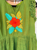Mehendi Green Narayanpet frock with thread work