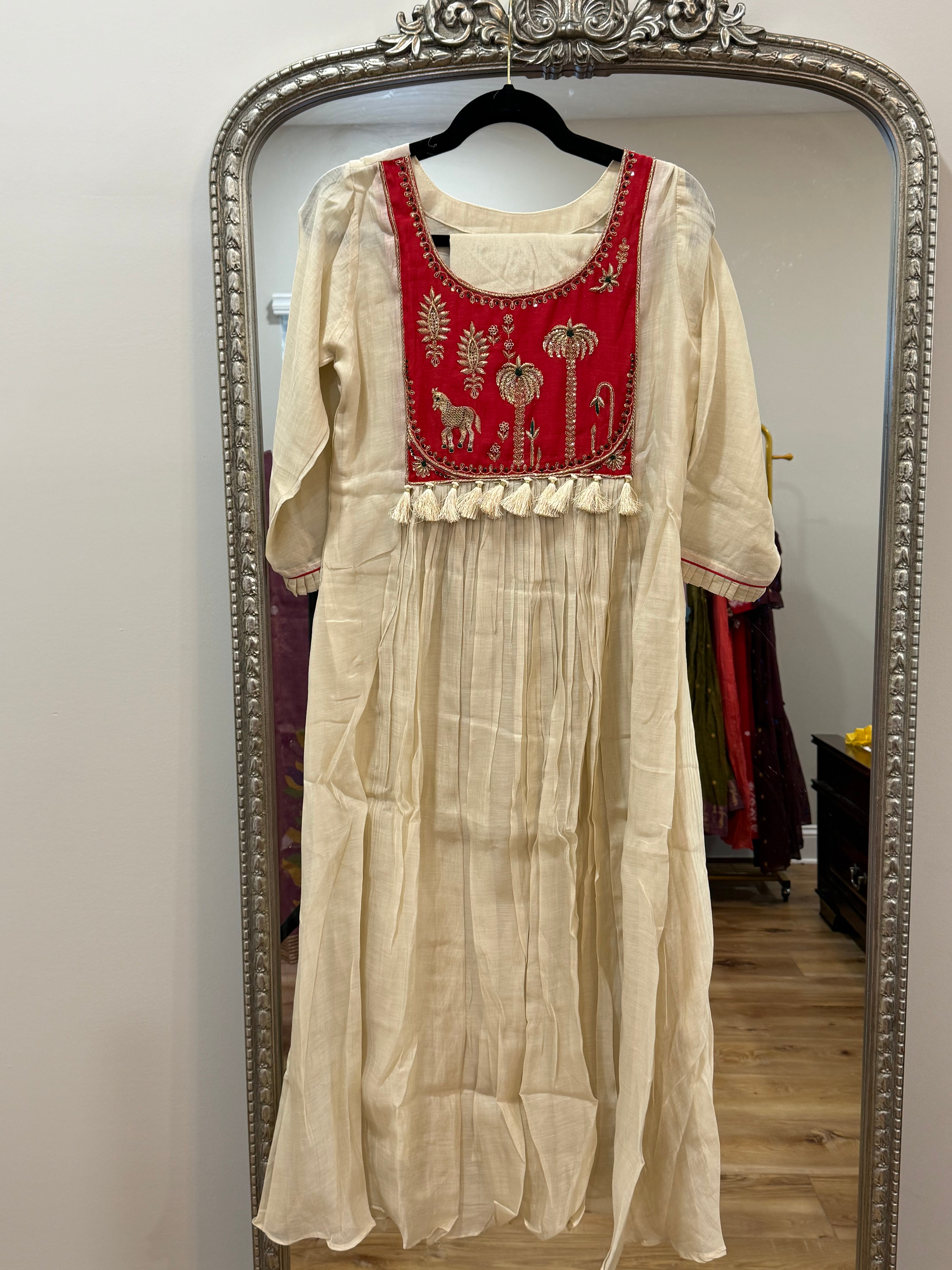 Red and beige Mul Chanderi set