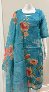 Blue semi tussar 3 pc kurti set with gold leggings