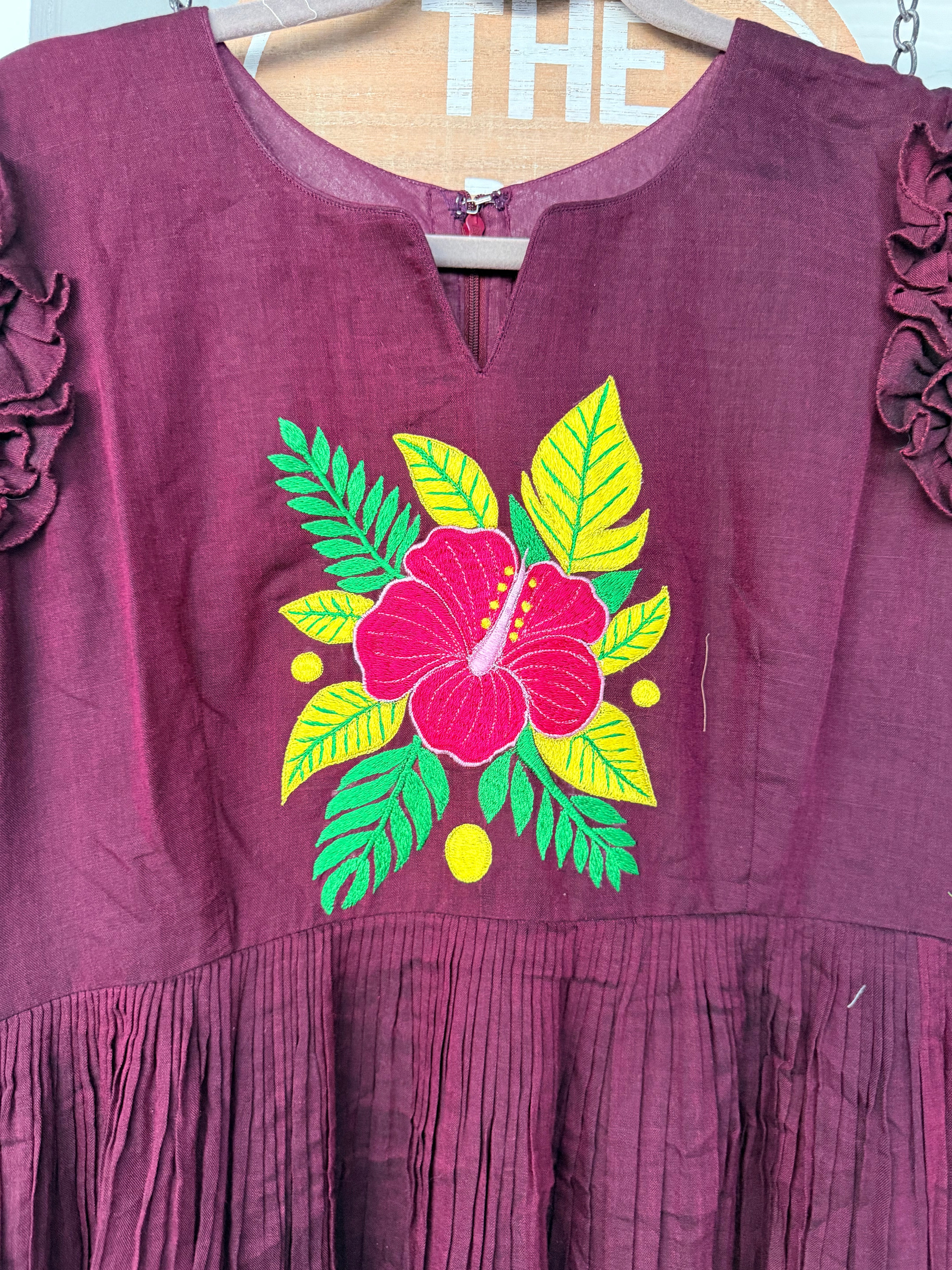 Wine color narayanpet frock with floral thread work