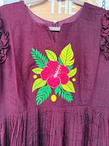 Wine color narayanpet frock with floral thread work
