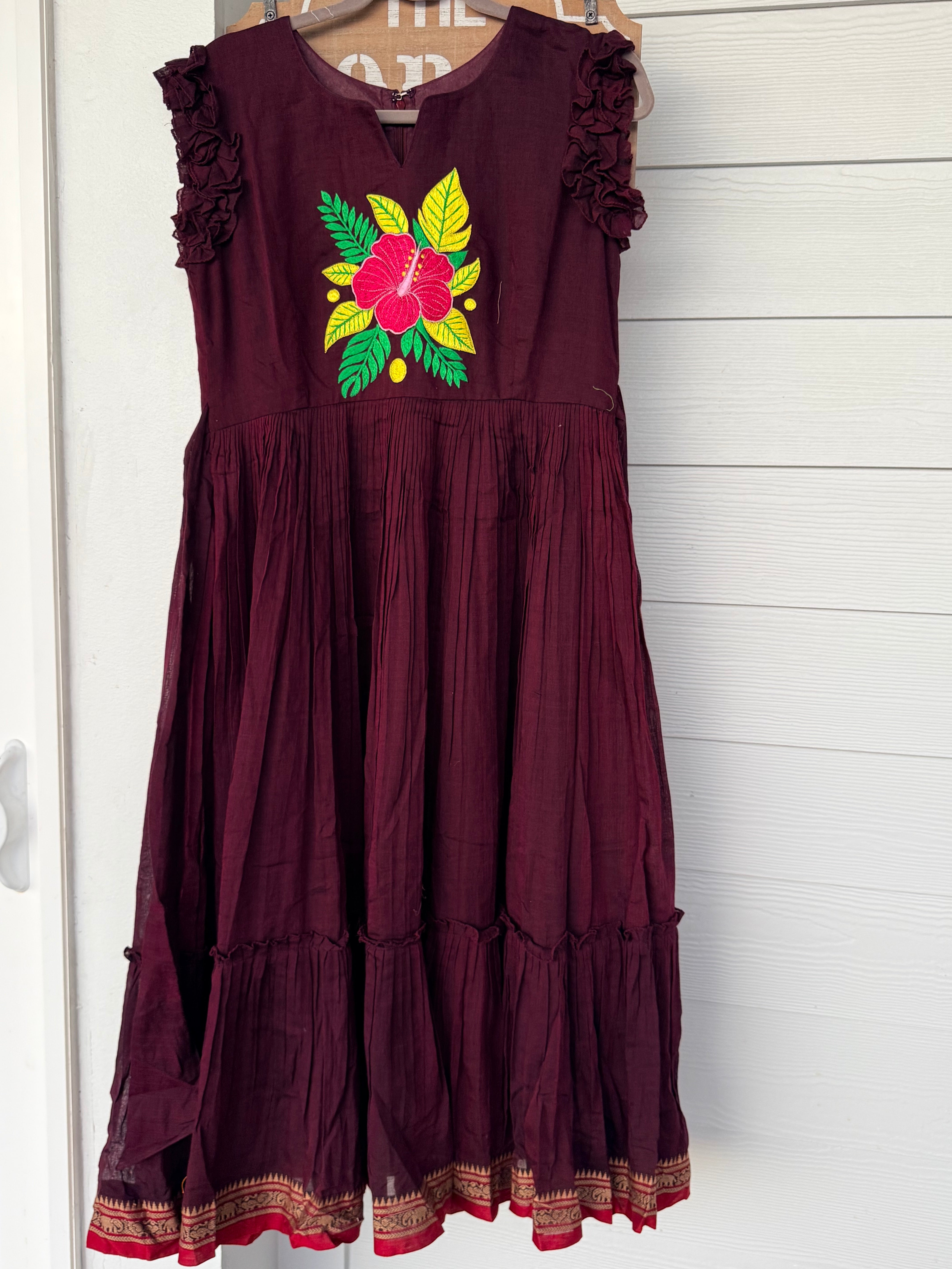 Wine color narayanpet frock with floral thread work
