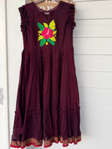Wine color narayanpet frock with floral thread work