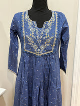 Blue mul cotton kurti set with handwork on yoke