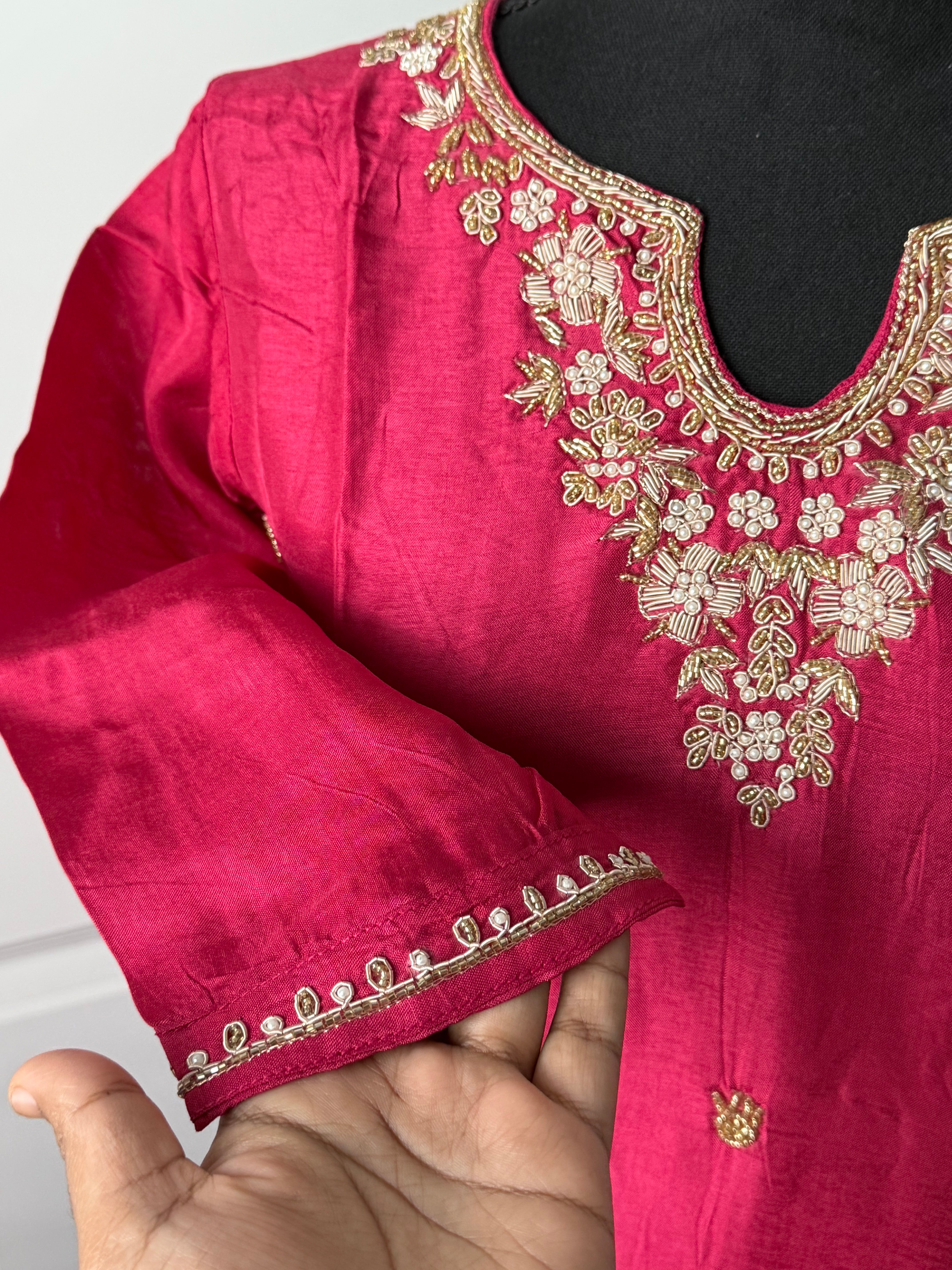 L size - pink dola silk kurti set with handwork and bandhini dupatta