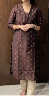 Brown raw silk 3 piece kurti set