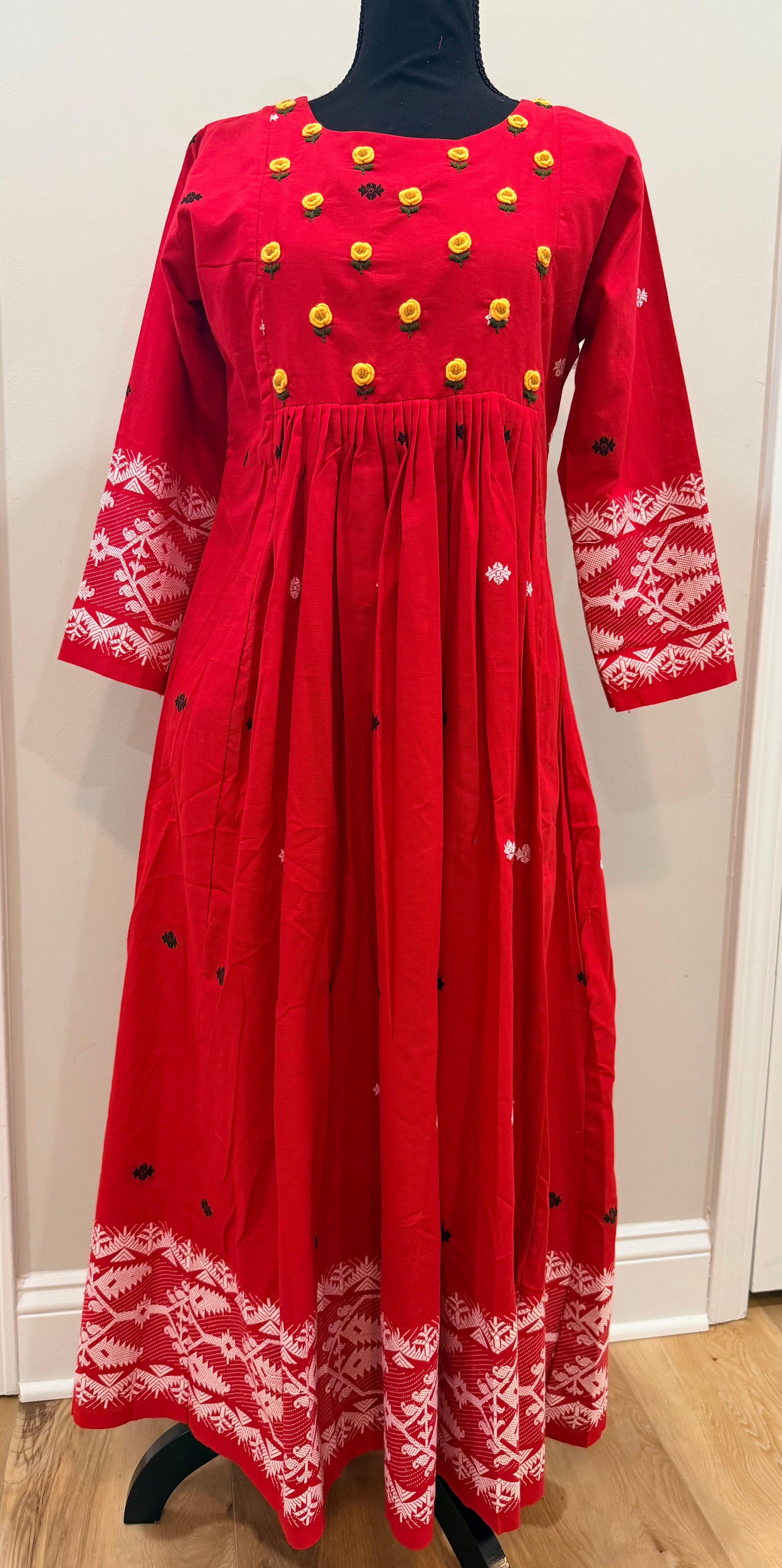 Red handloom jamdani cotton dress