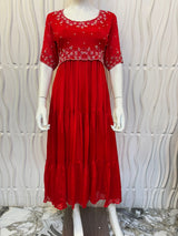 Red chinnon layered frock with hand work