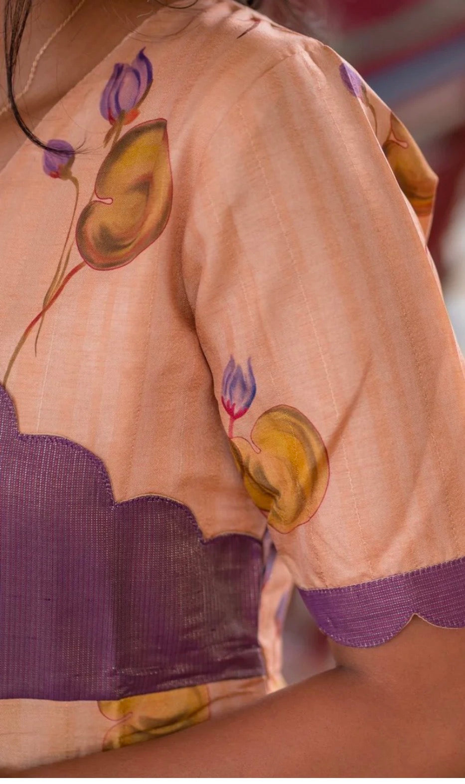 Peach tussar and violet tissue fusion kurti top