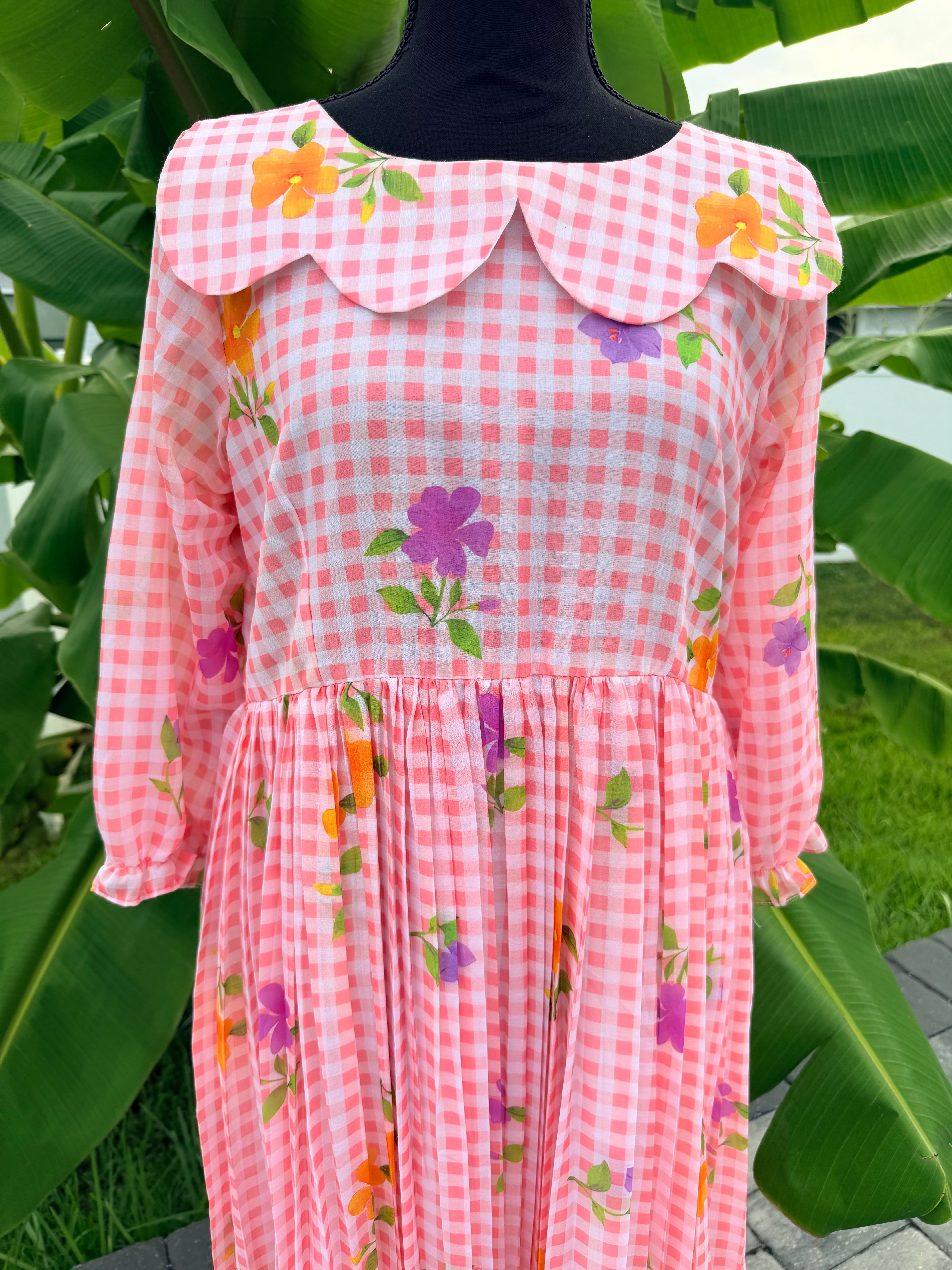 Peach- Gingham checks mul chanderi frock