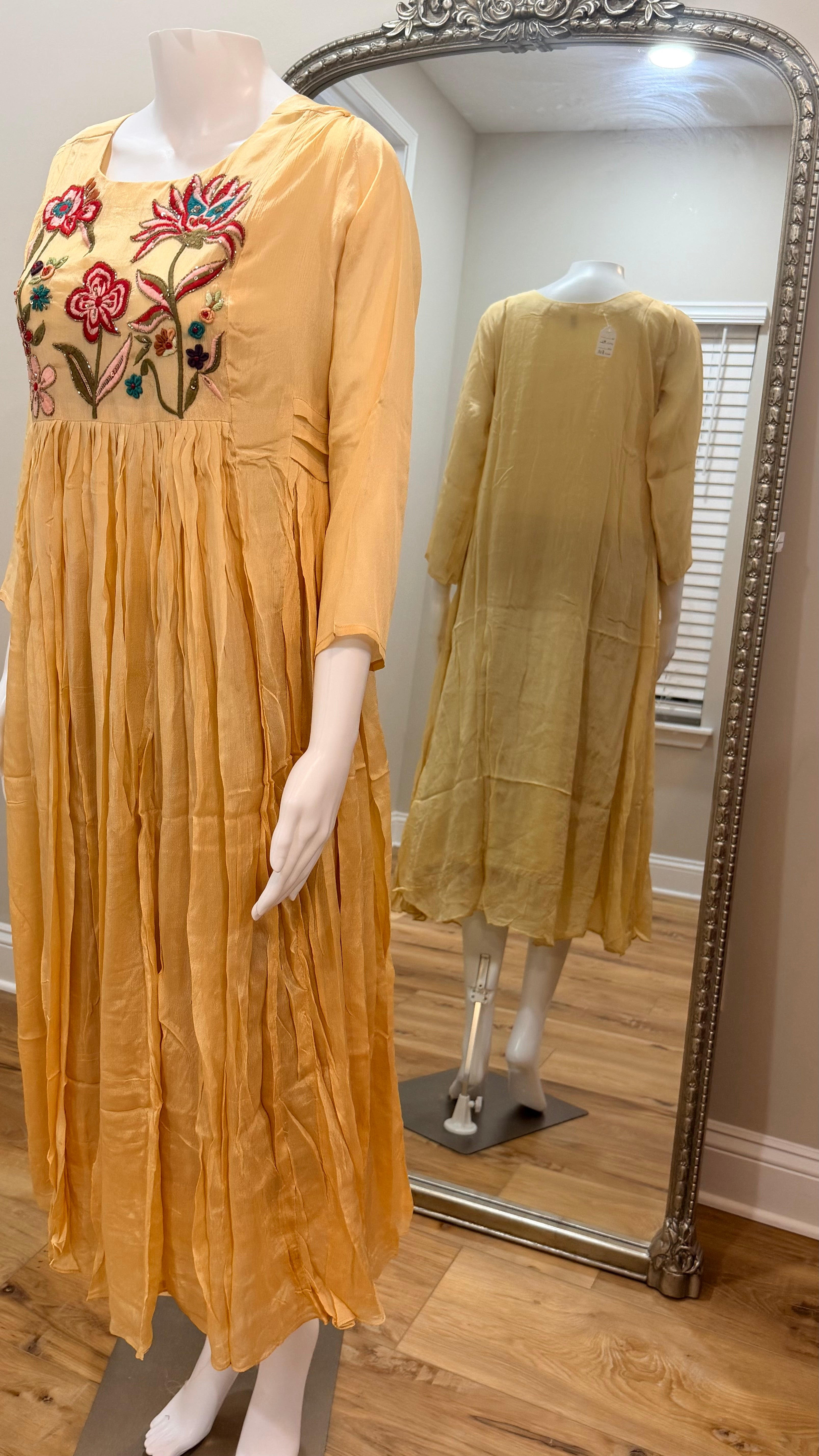 Cream floral party wear chinnon dress
