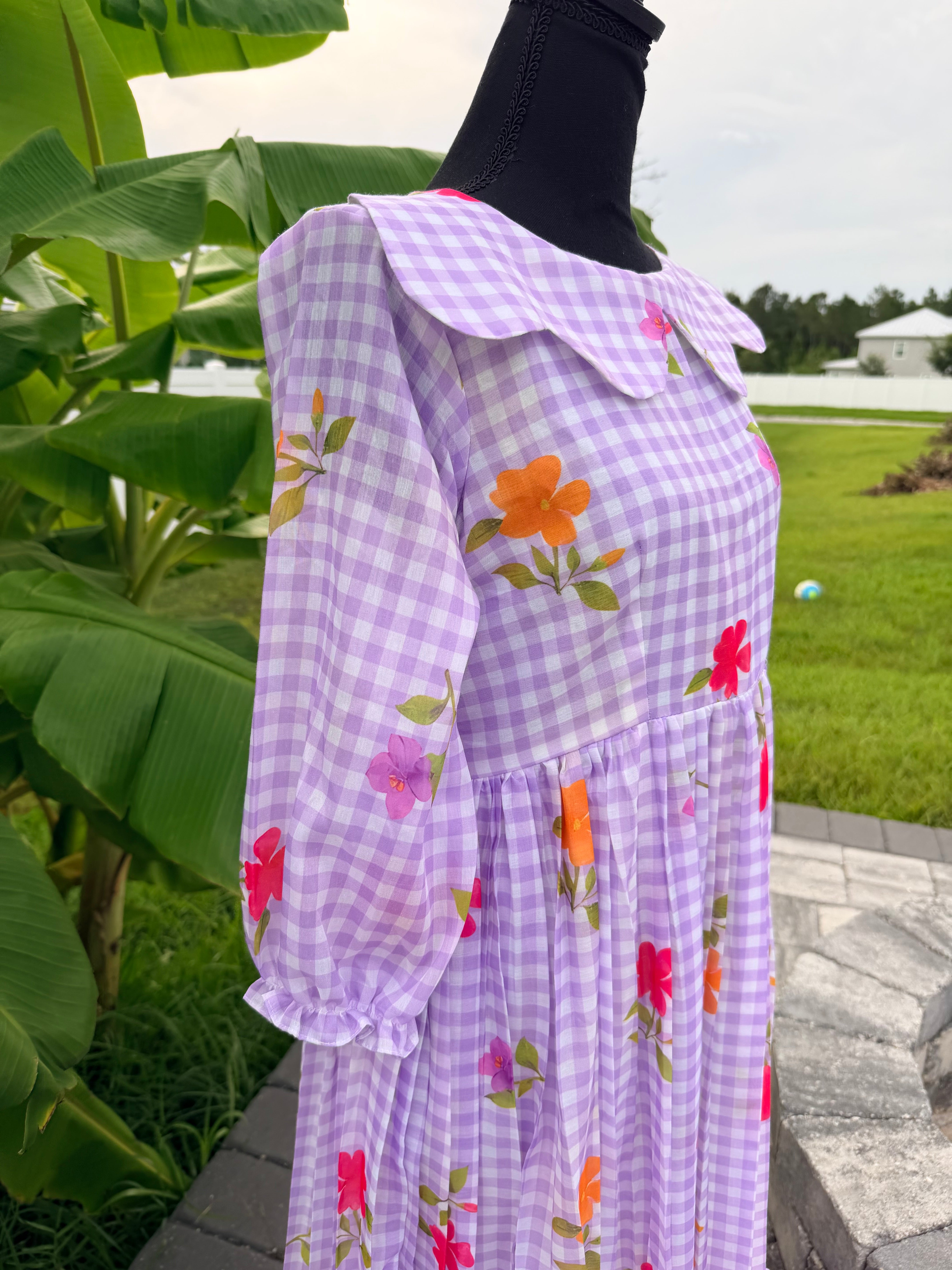 Lavender- Gingham checks mul chanderi frock