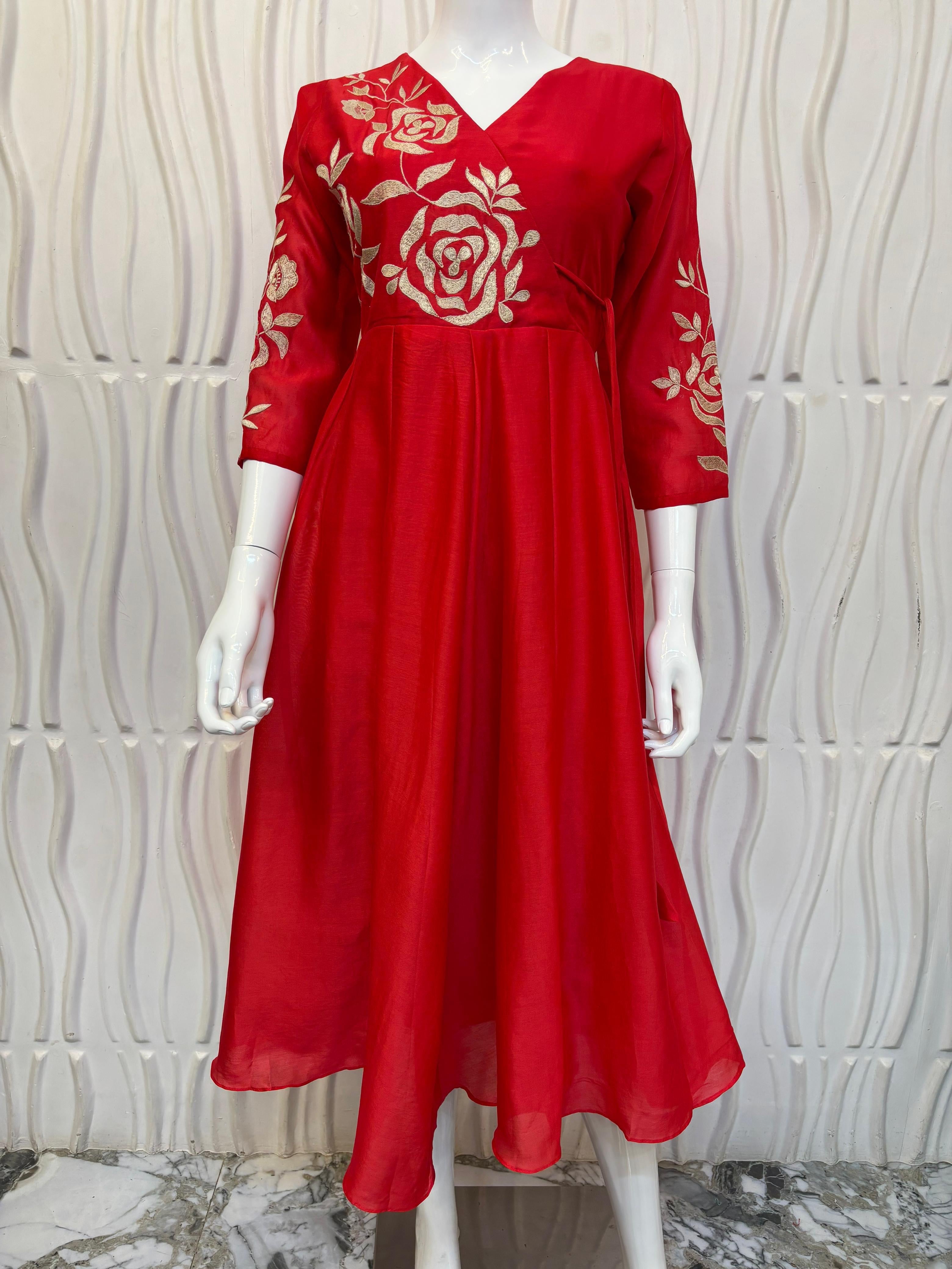 Red pure chanderi silk dress