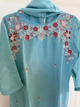 XXL- Powder blue organza kurti set with heavy work on yoke part paired