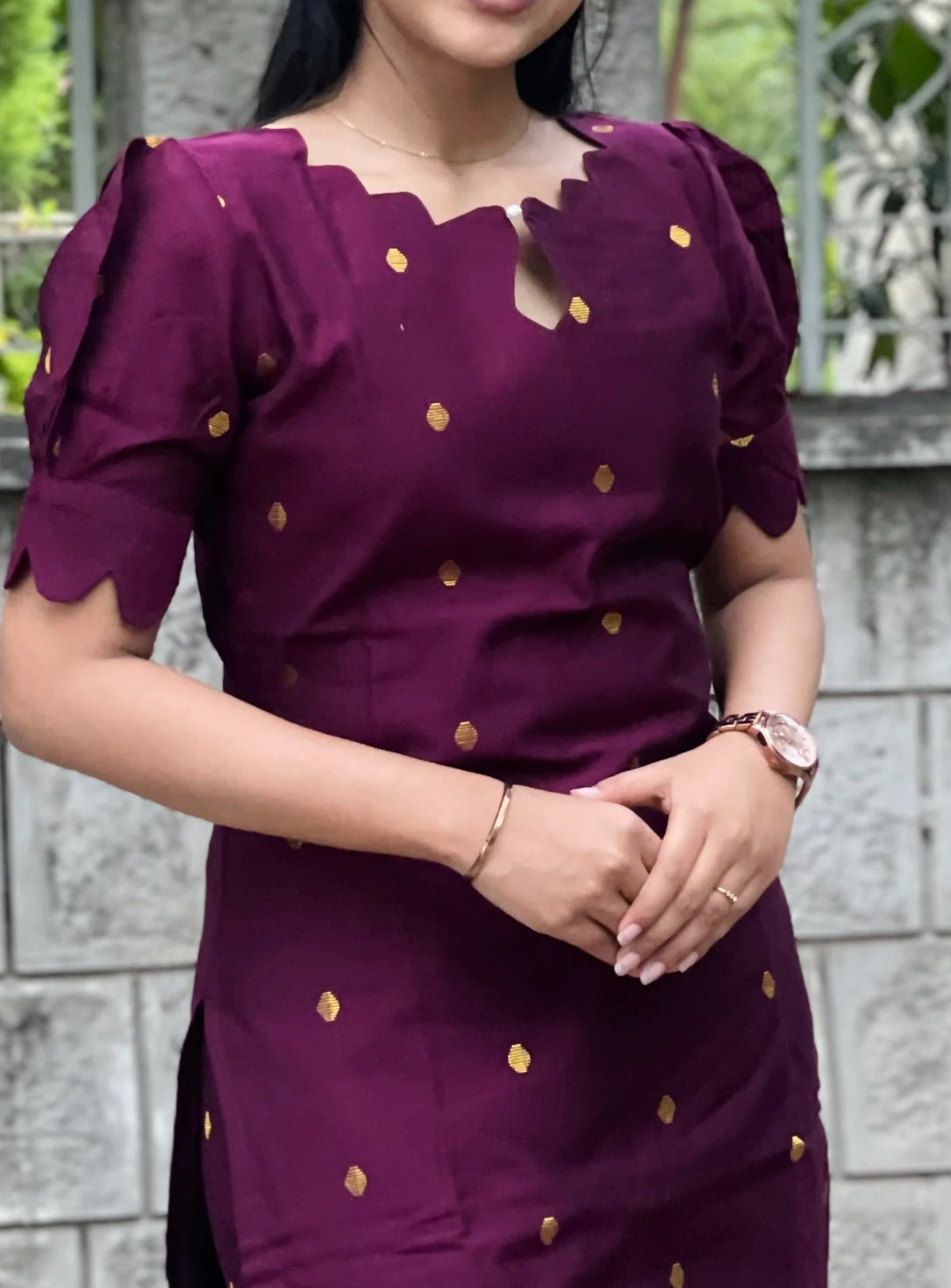 Wine color raw silk co ord set with gold buttis