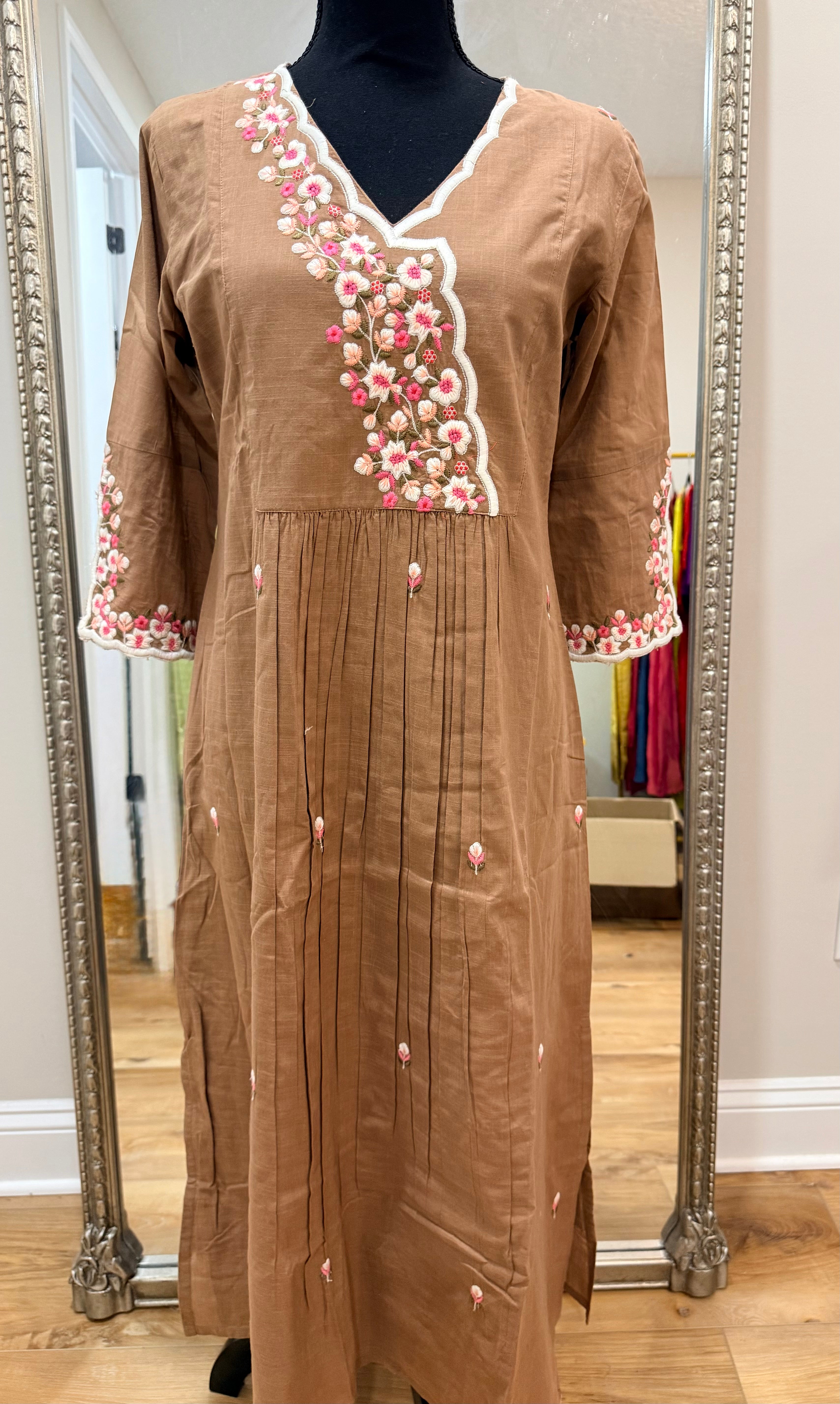 Brown Floral thread work co ord set with V neck