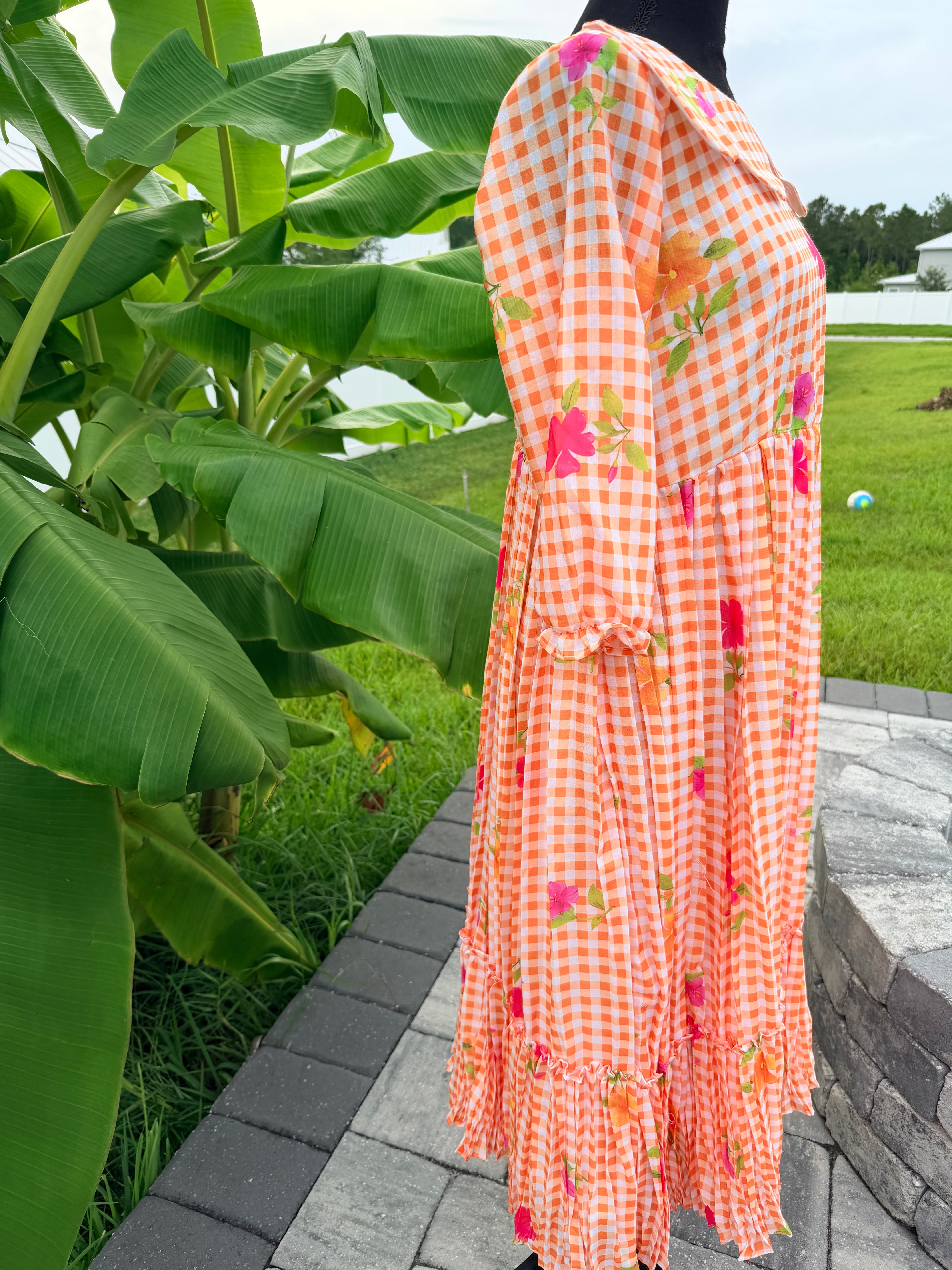 Orange- Gingham checks mul chanderi frock