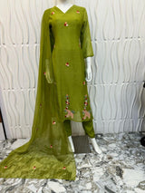 Olive green mul Chanderi set