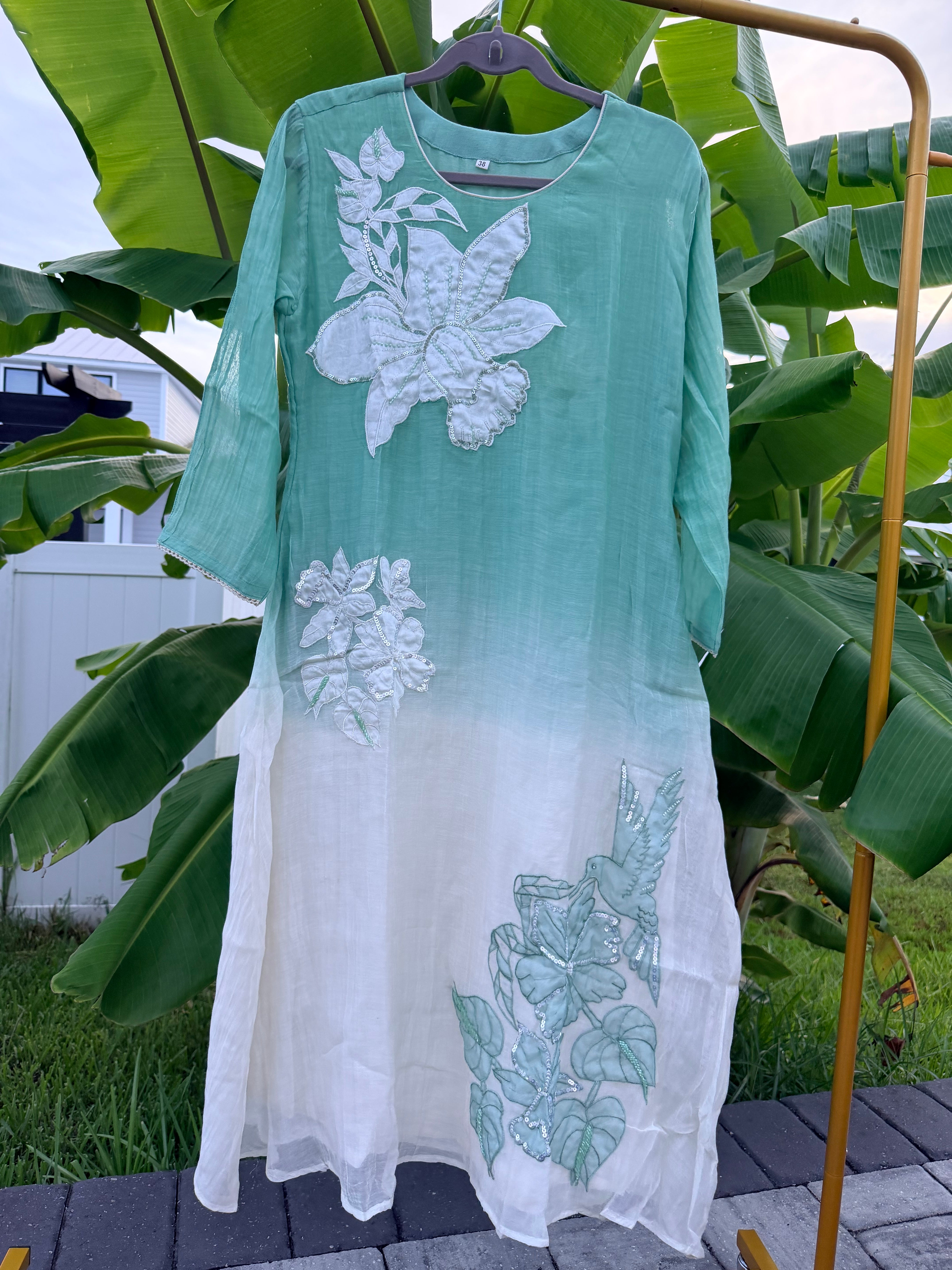Ombre green and white Mul Chanderi set