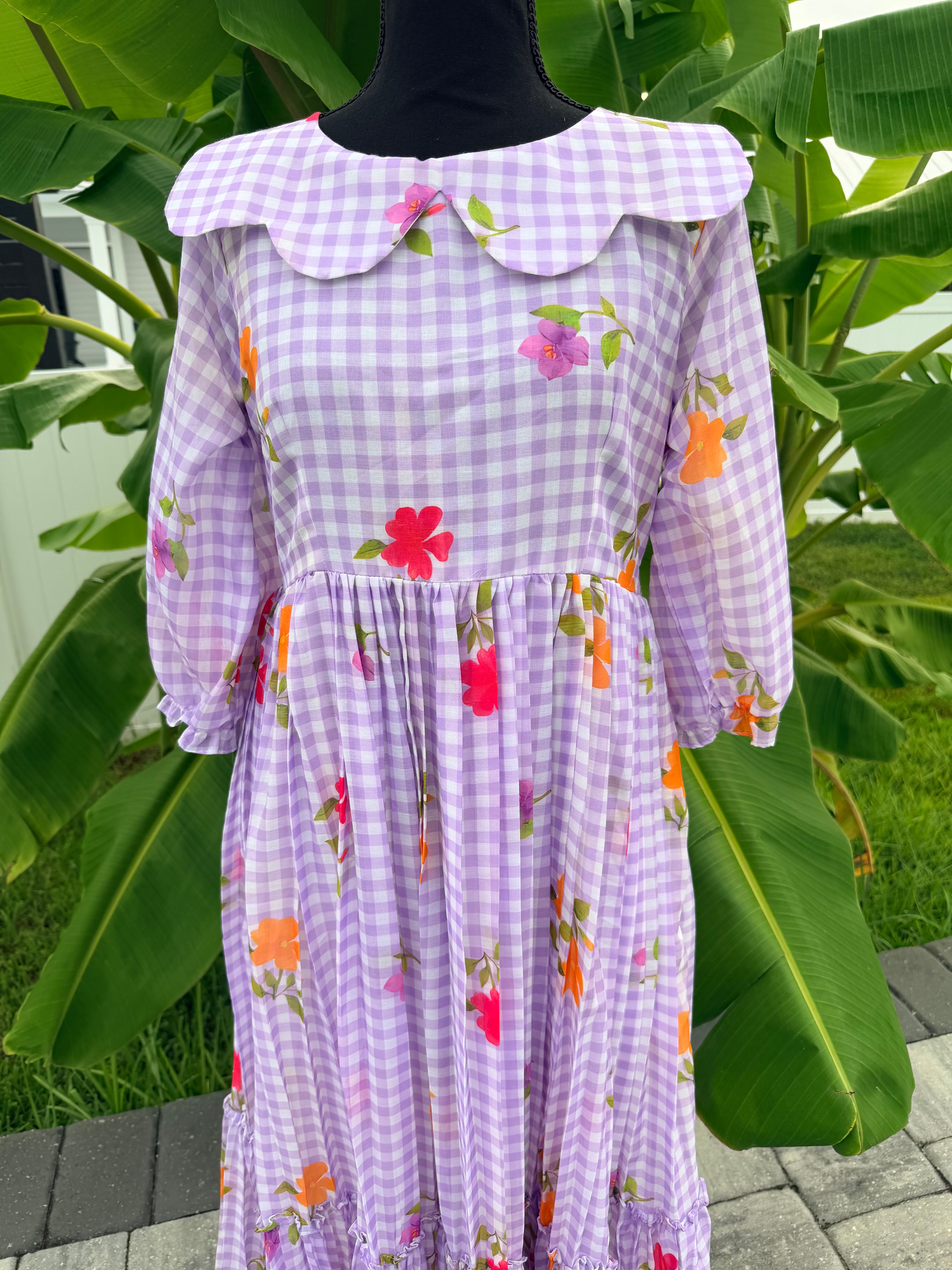 Lavender- Gingham checks mul chanderi frock