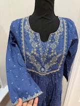 Blue mul cotton kurti set with handwork on yoke