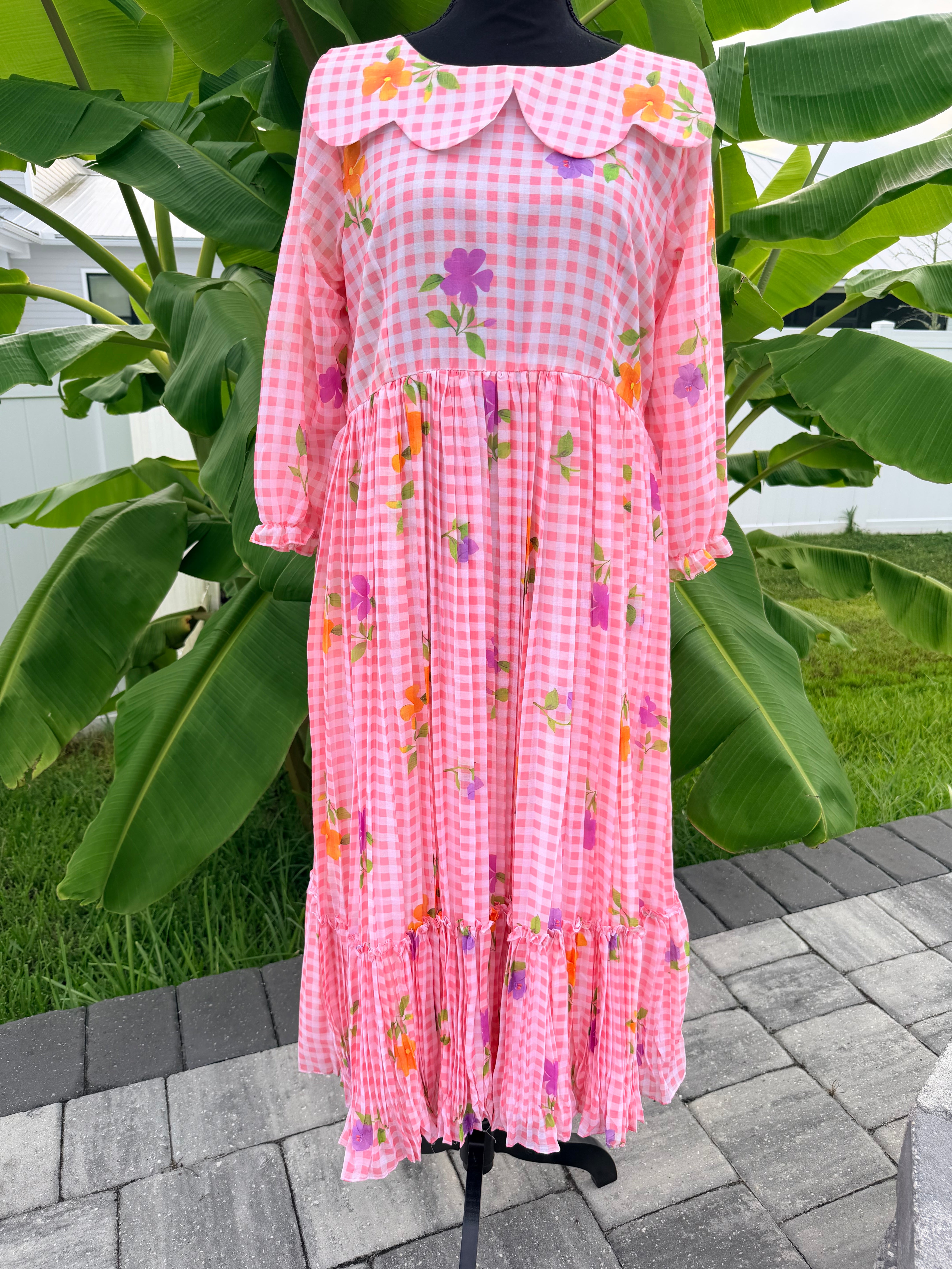 Peach- Gingham checks mul chanderi frock