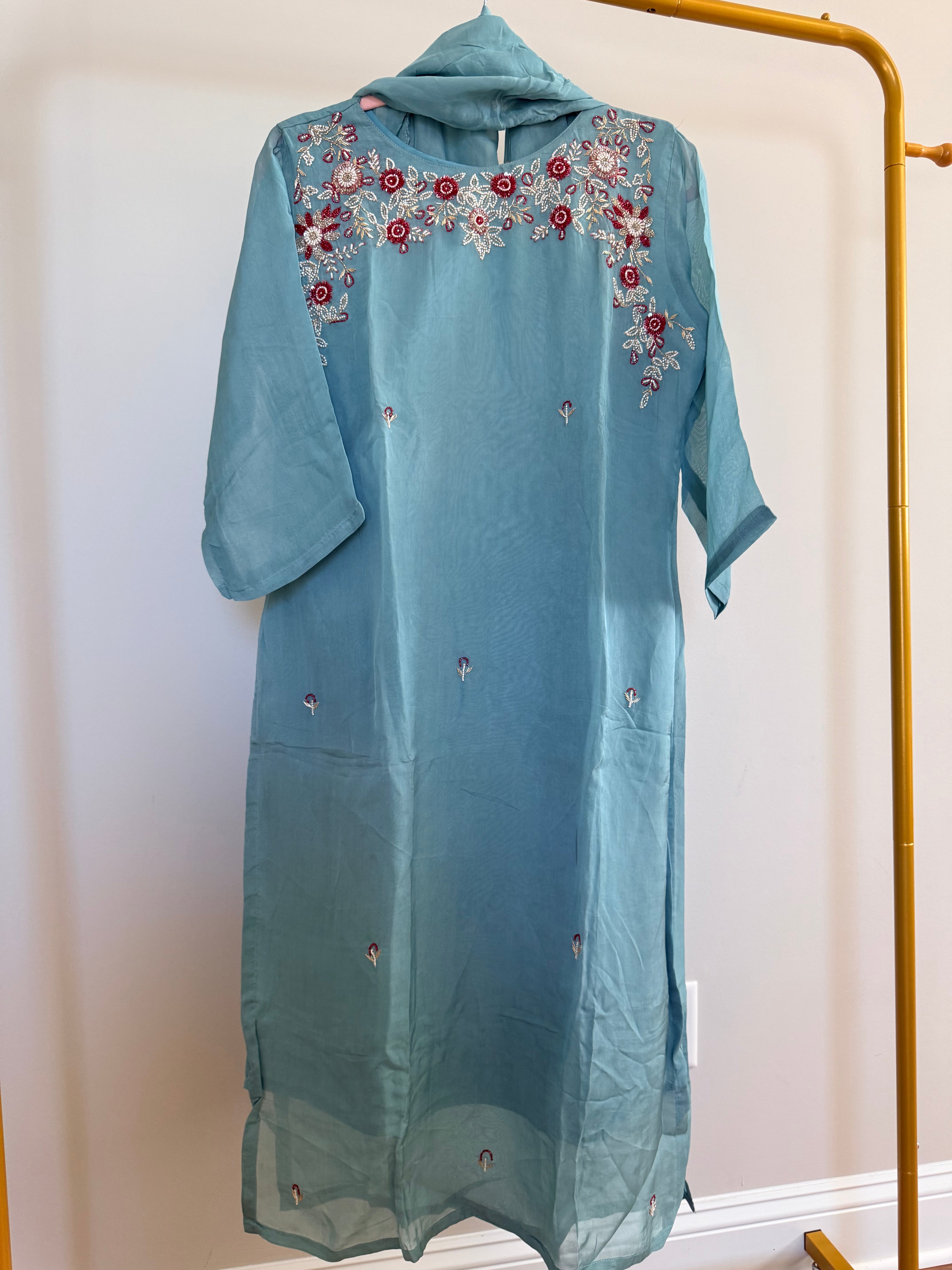 XXL- Powder blue organza kurti set with heavy work on yoke part paired