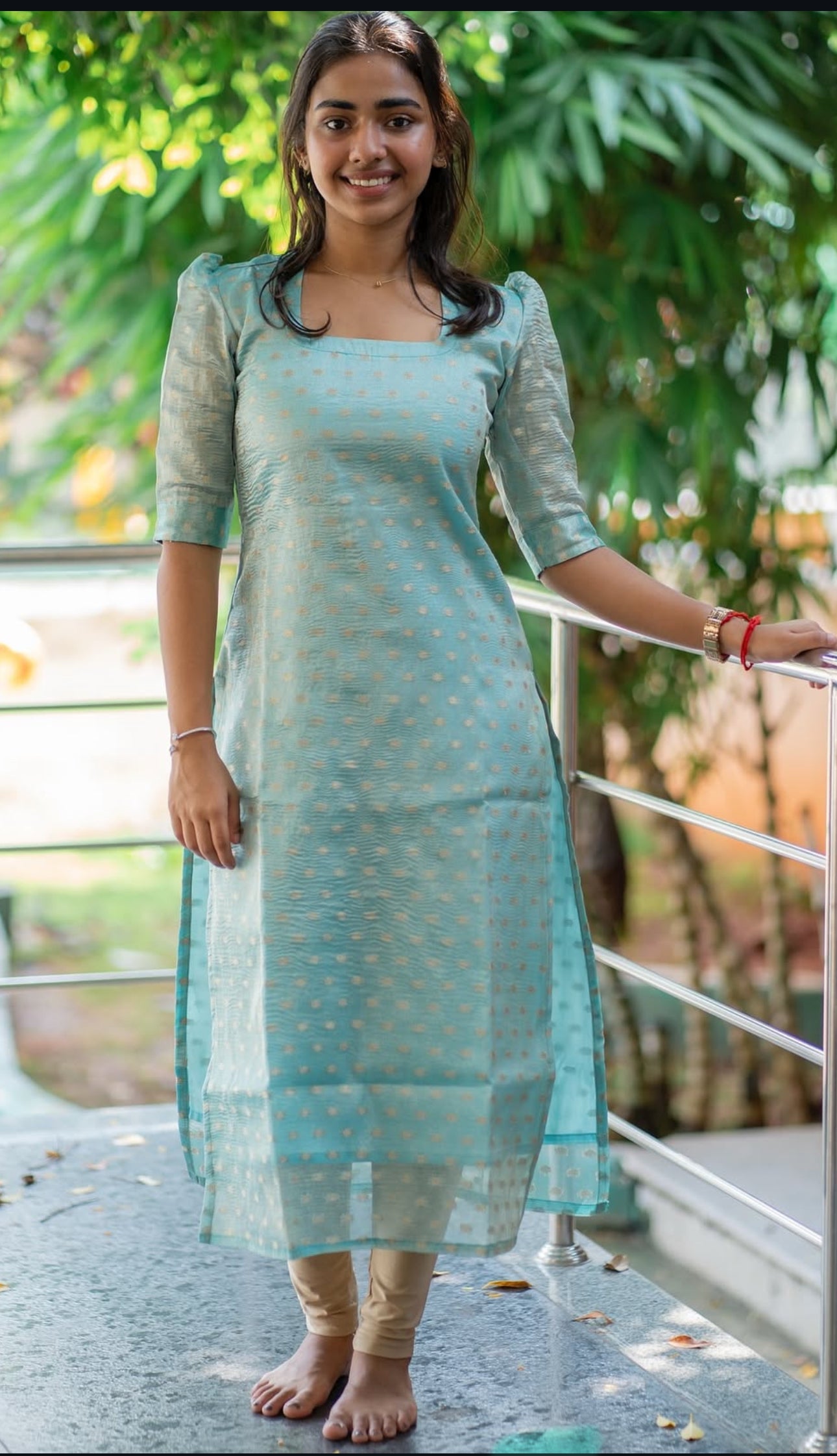 Blue tissue silk 2 pc kurti set with gold leggings