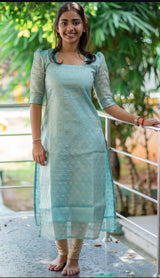 Blue tissue silk 2 pc kurti set with gold leggings