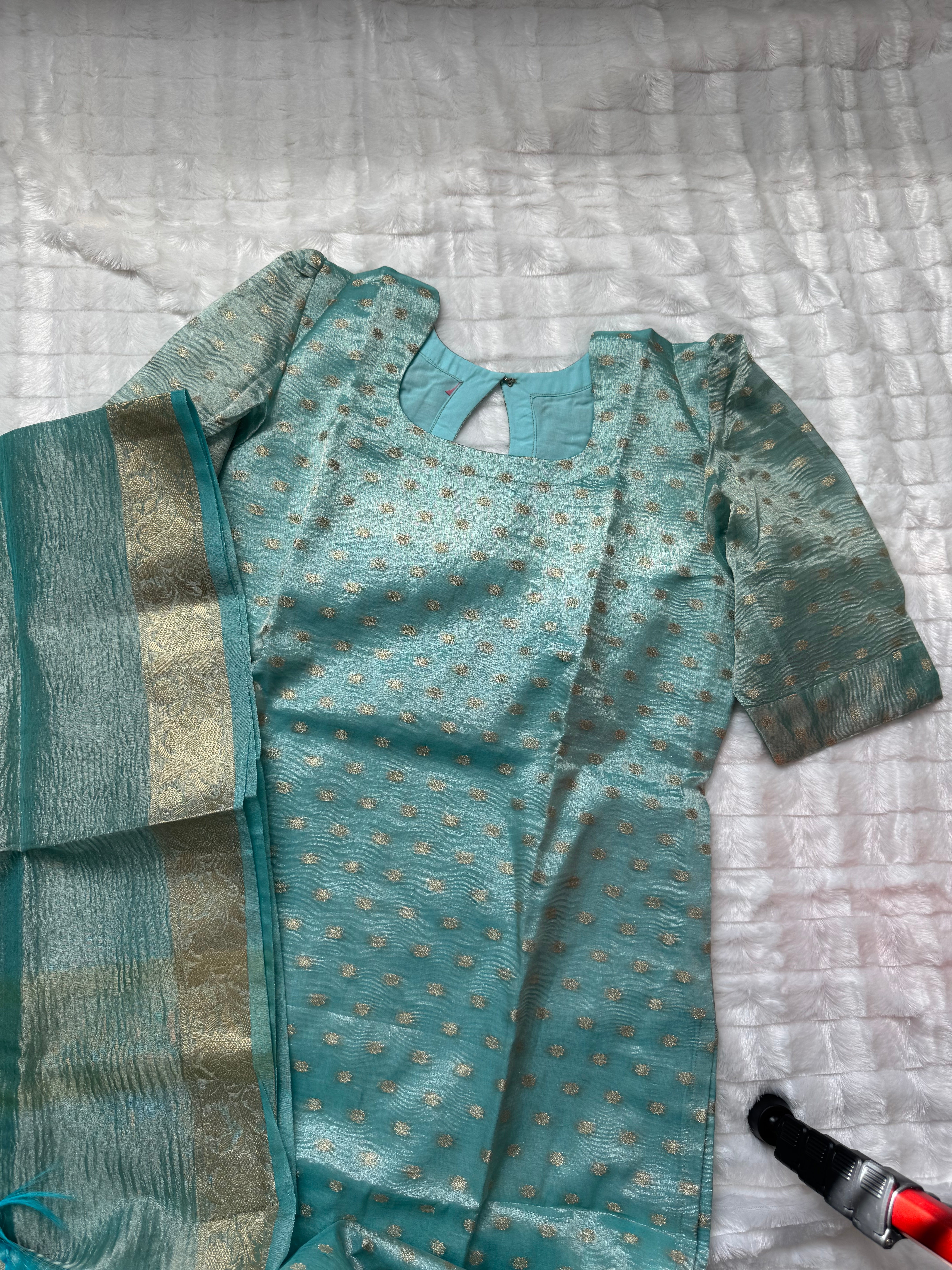 Blue tissue silk 2 pc kurti set with gold leggings