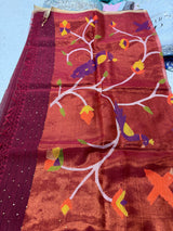 Kora muslin Jamdani saree with sequence work and pythani pallu in wine