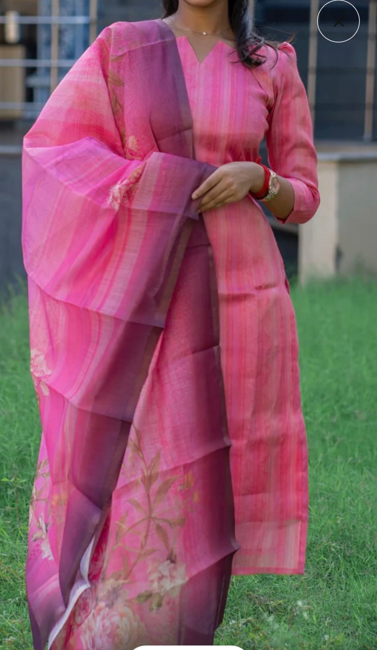 Peach tussar silk 3 piece kurti set with gold leggings