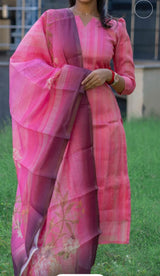 Peach tussar silk 3 piece kurti set with gold leggings