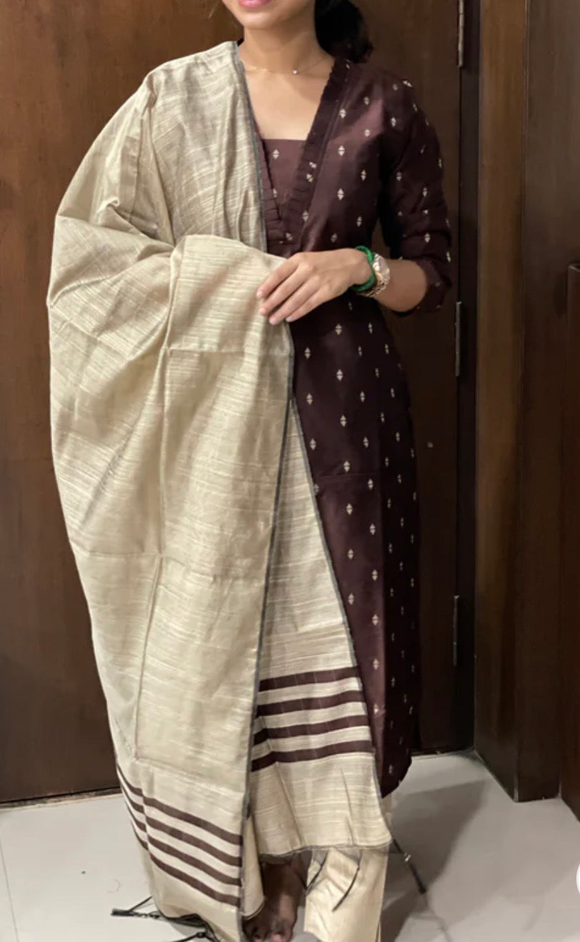Brown raw silk 3 piece kurti set
