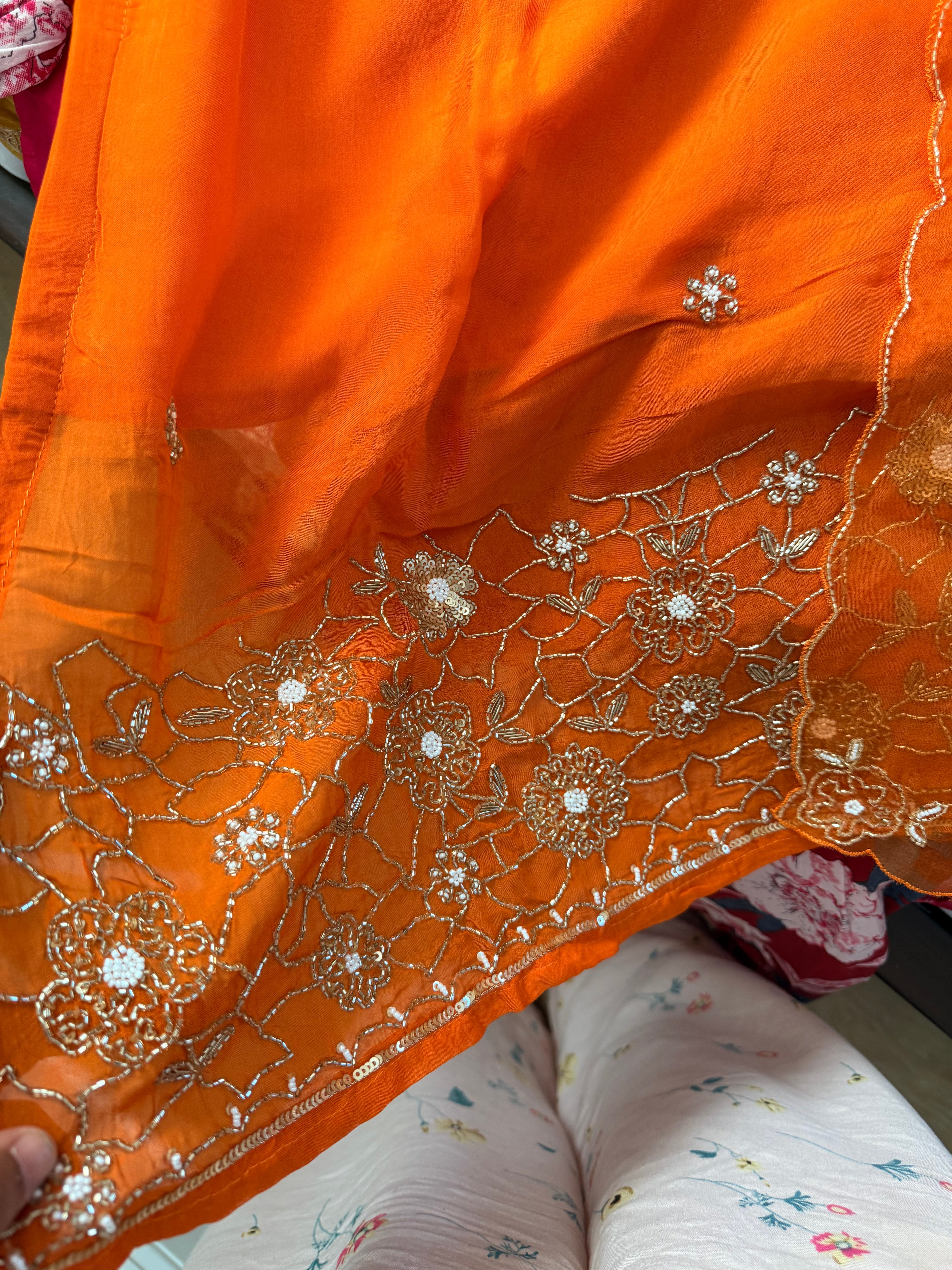 Orange organza set with hand work