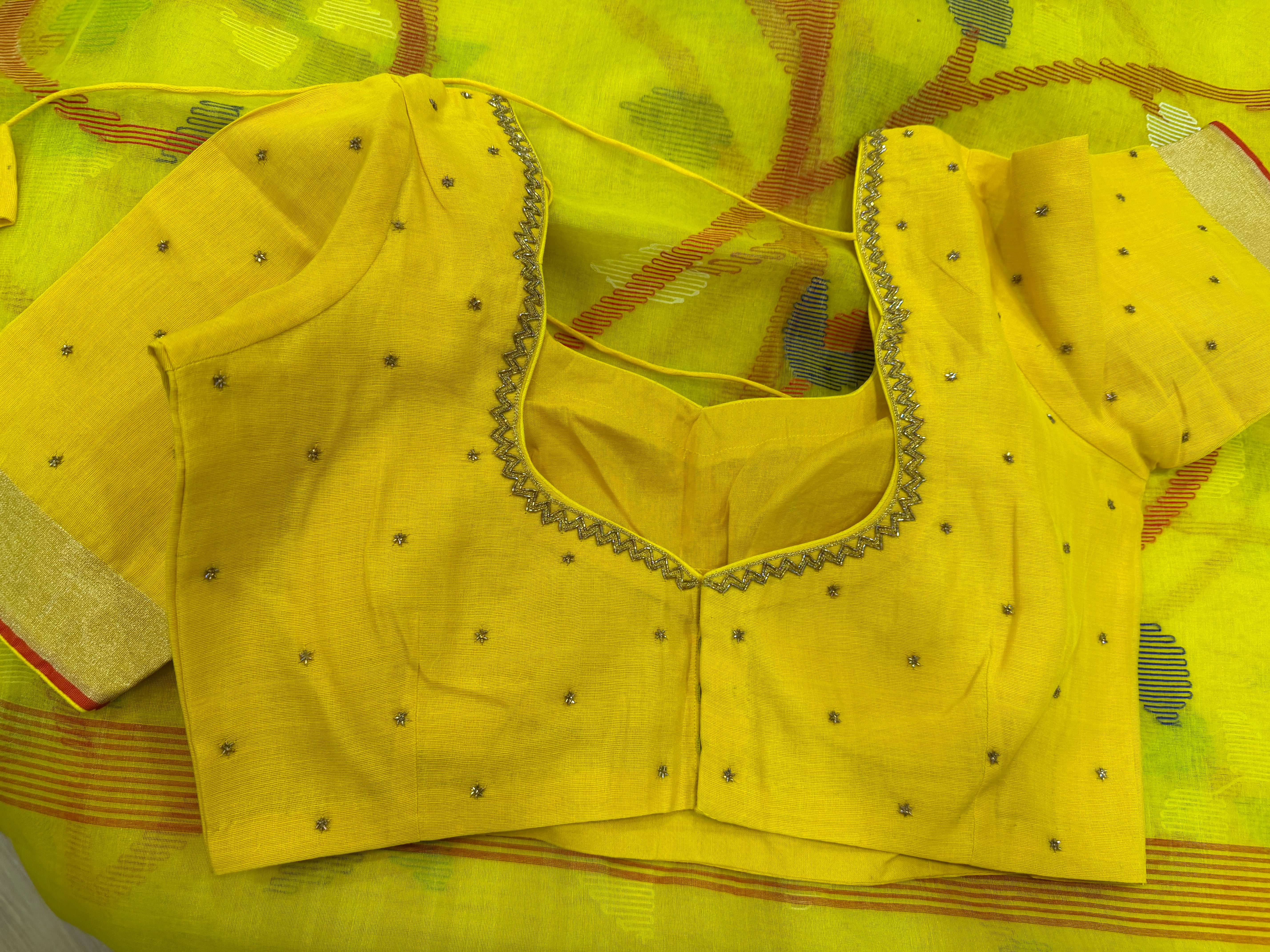 Kora muslin Jamdani overall saree with maggam blouse in yellow