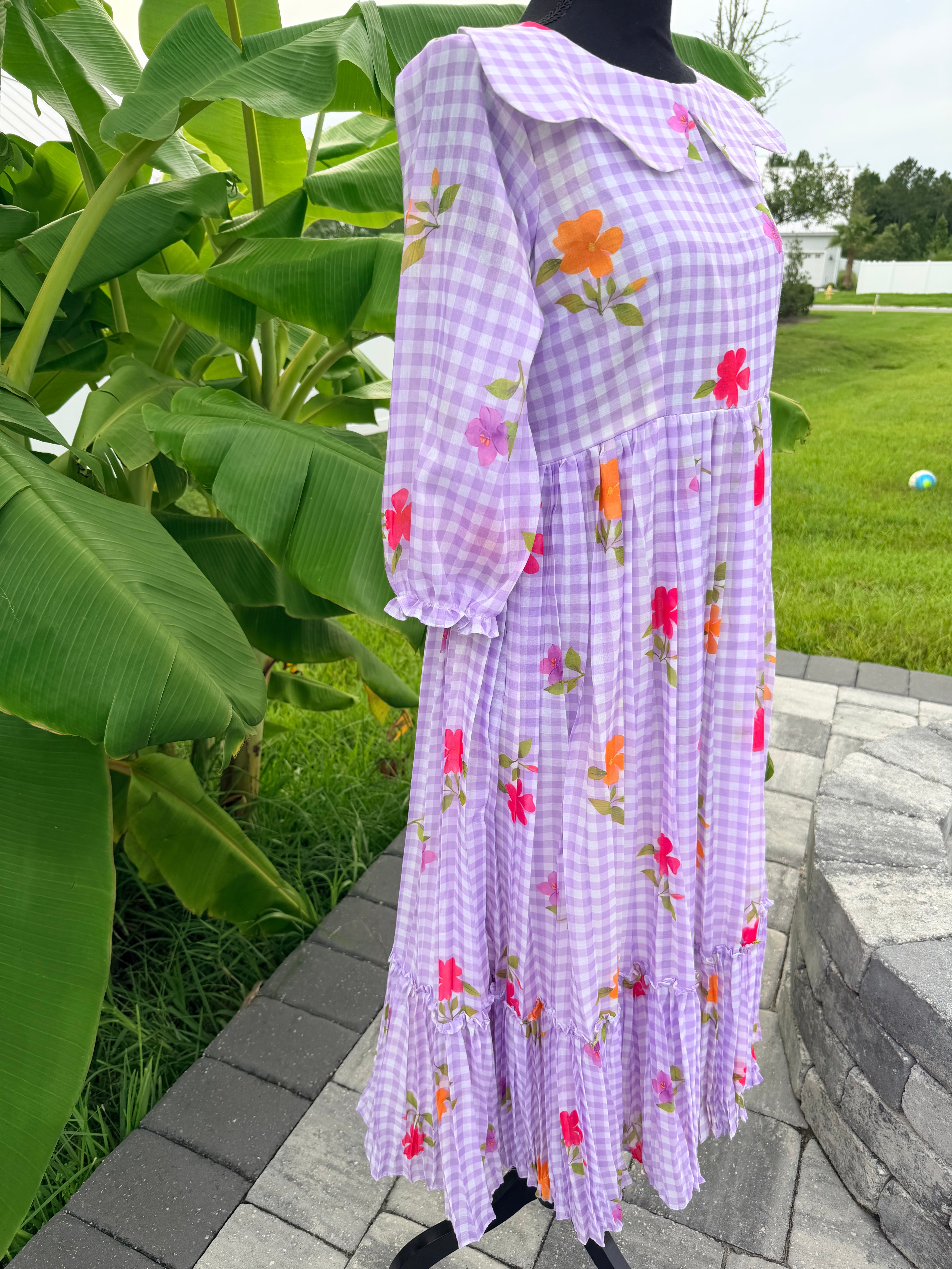 Lavender- Gingham checks mul chanderi frock