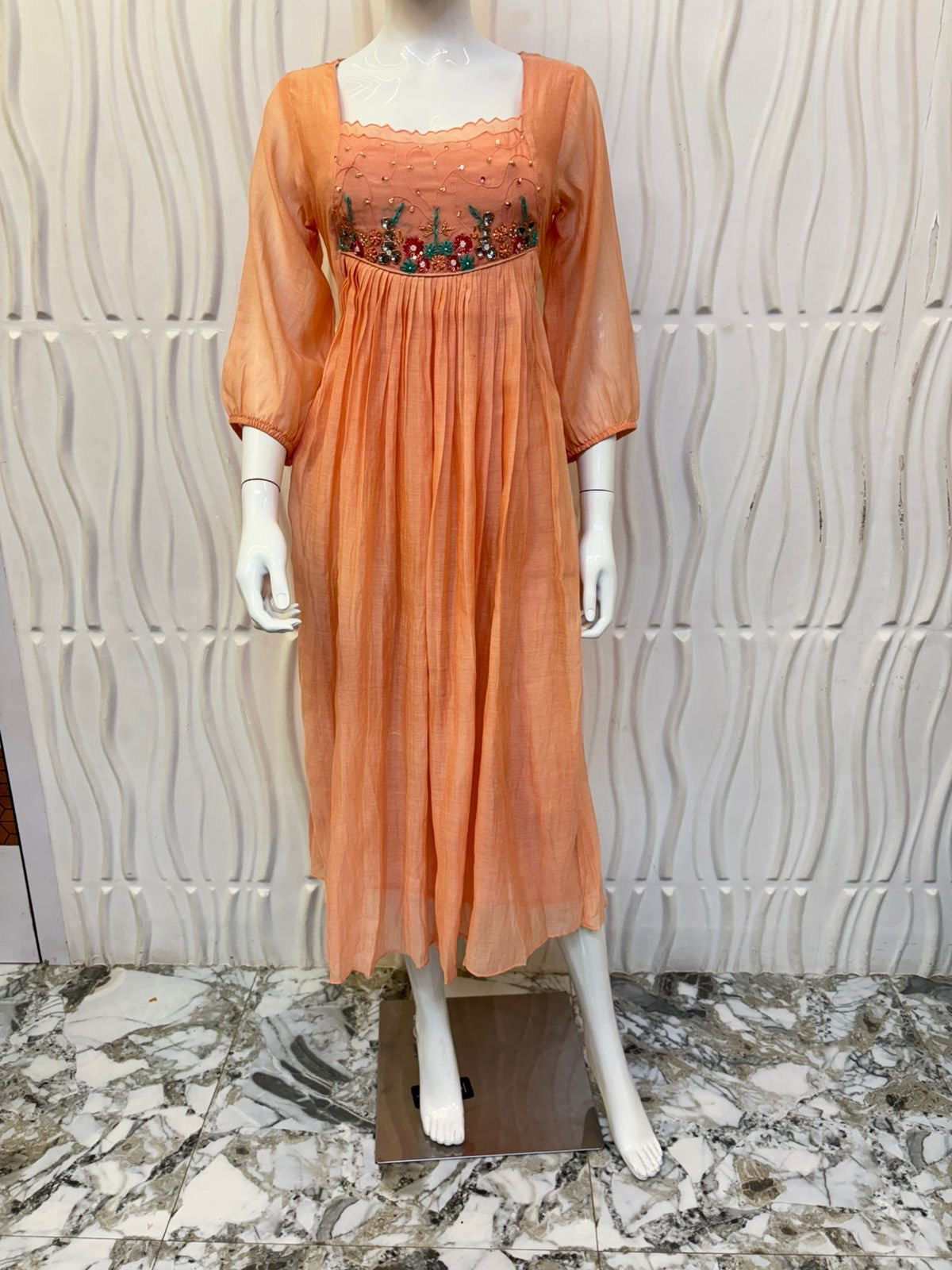 Peach Orange mul chanderi frock