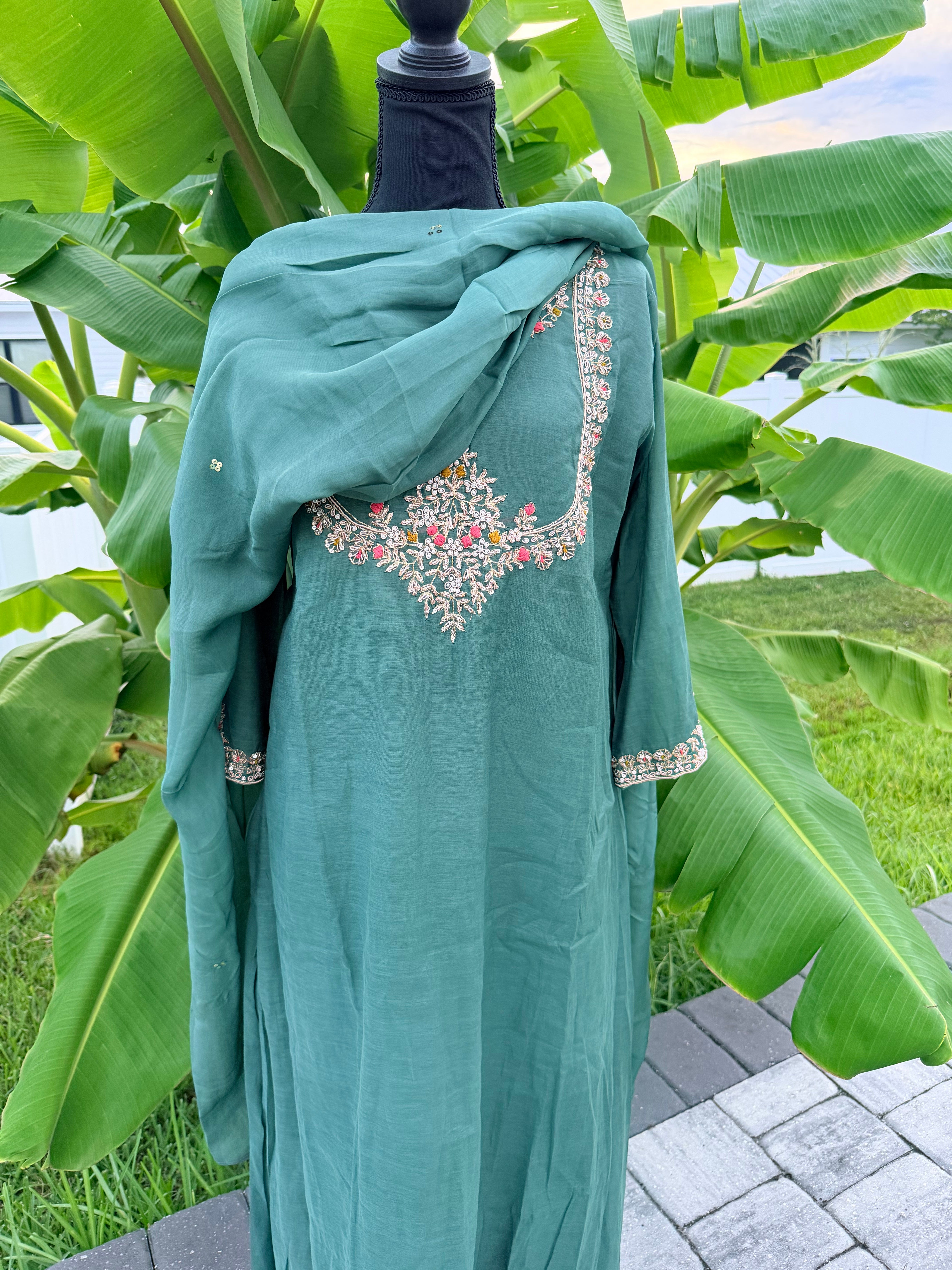 Green Mul Chanderi set