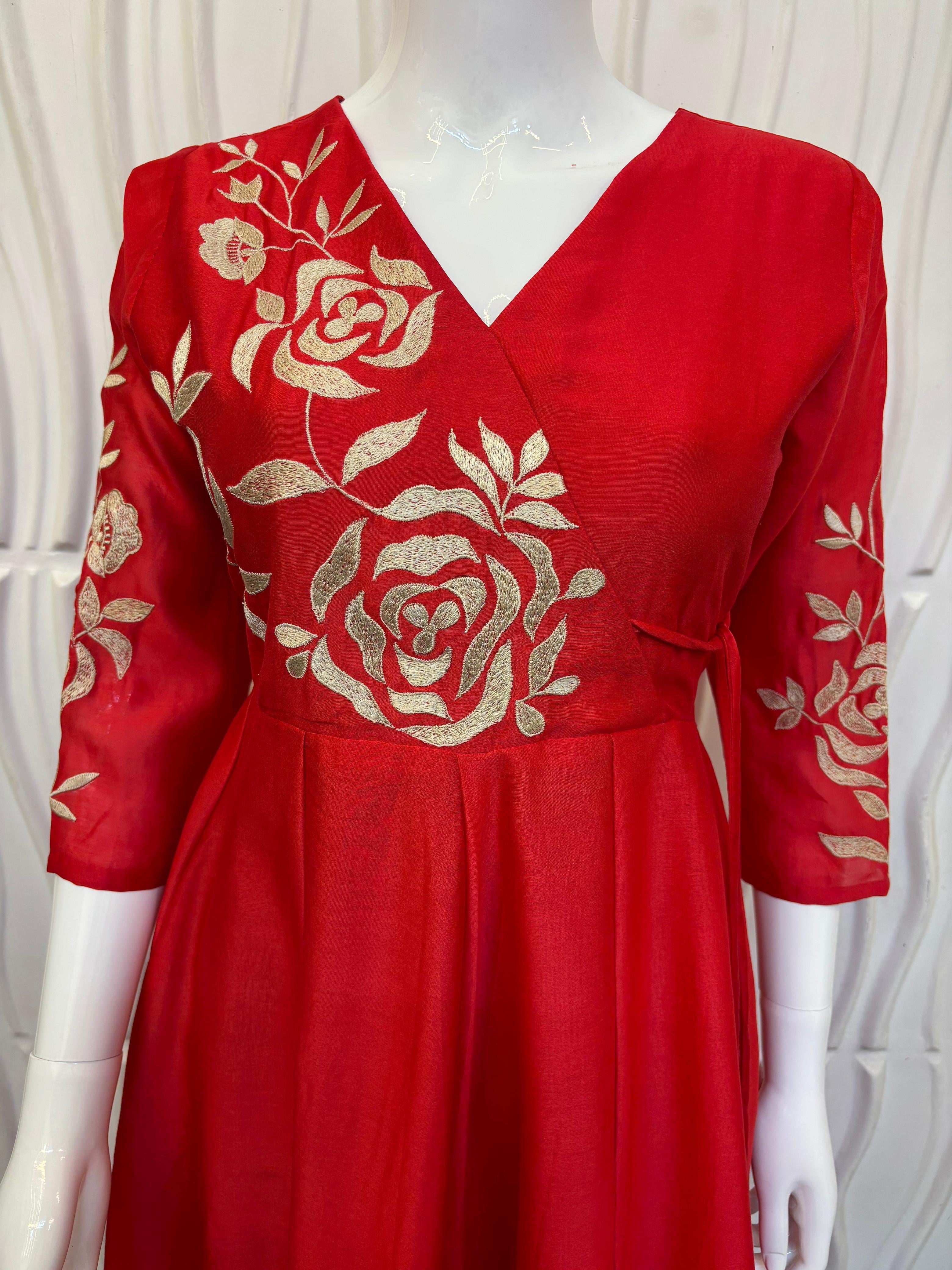 Red pure chanderi silk dress