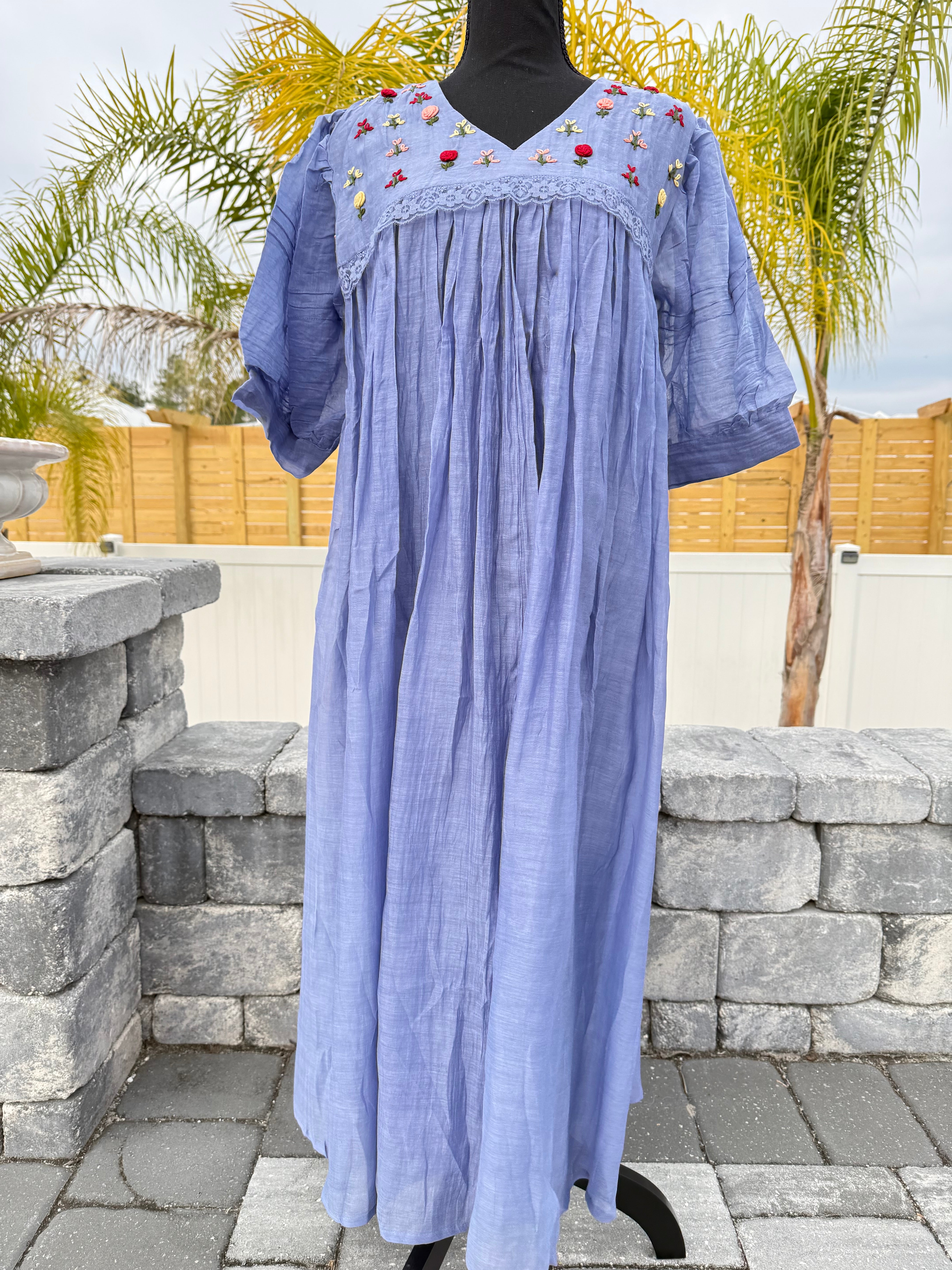 Cornflower blue mul chanderi frock with knot work