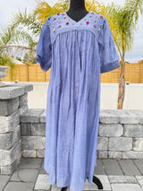 Cornflower blue mul chanderi frock with knot work
