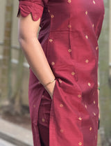Maroon color raw silk co ord set with gold buttis