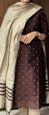 Brown raw silk 3 piece kurti set