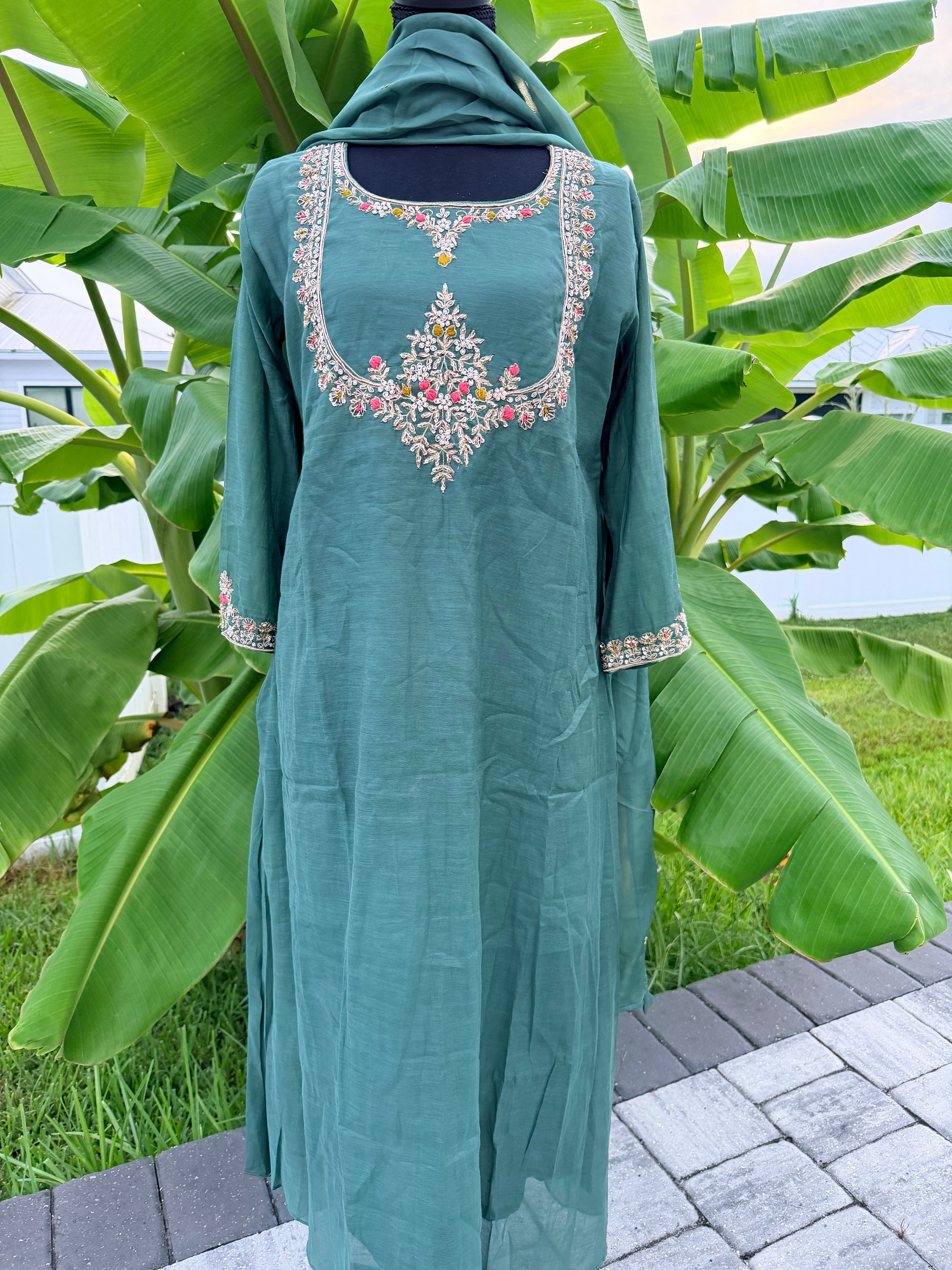 Green Mul Chanderi set
