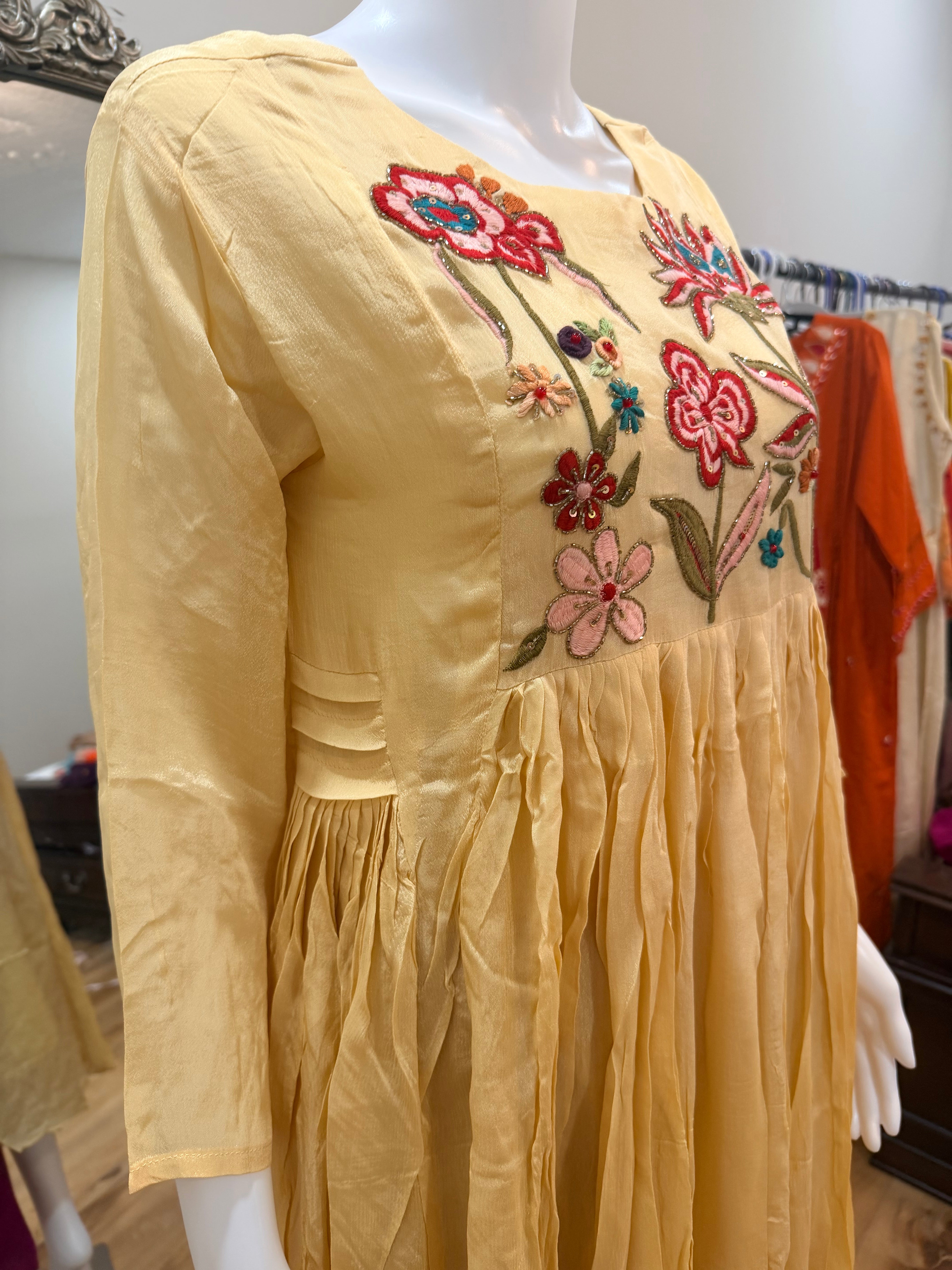 Cream floral party wear chinnon dress